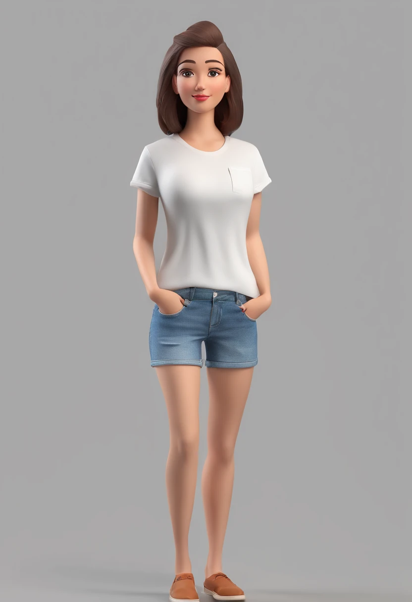 Full body of woman in white t-shirt and denim shorts