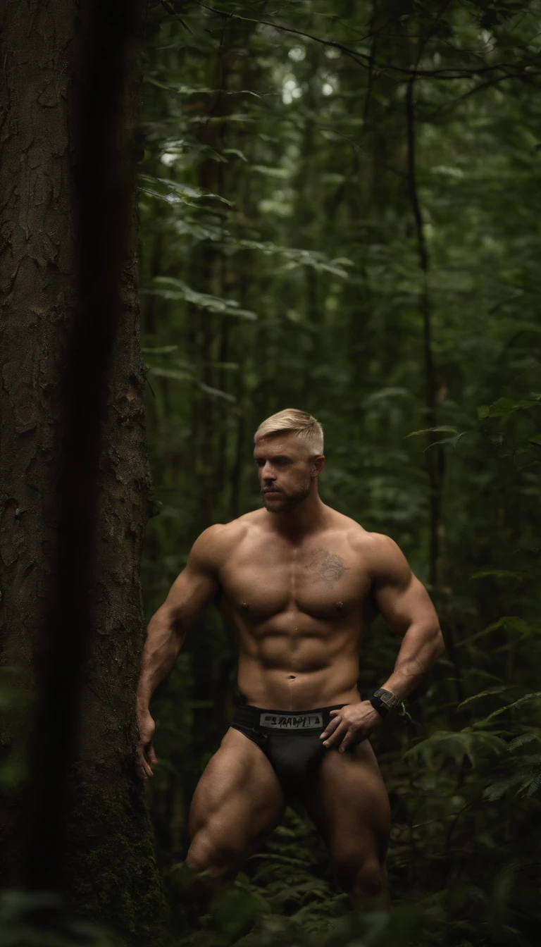 Two handsome muscular tattooed naked men, one black, one with short blonde hair, wearing tiny camouflage jockstraps and boots, hiding in the forest at night, full body image, seen from a low angle