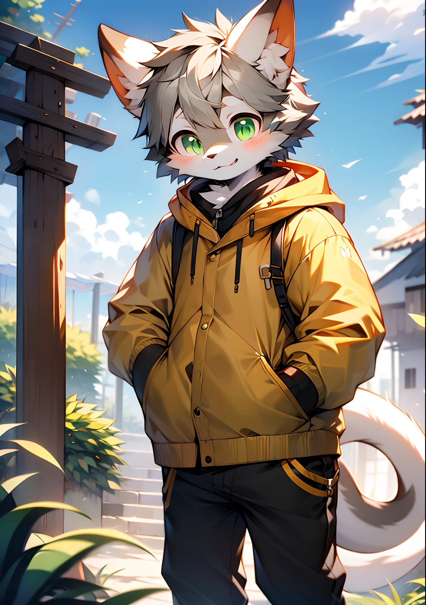 （catss，Gray hair and green pupils，Yellow and white coat color，adolable，vivaciousness，Libido boy，underage,Wear a sweatshirt with a pink pattern，lively and lovely，shorter pants, Wind element，shaggy），Digital artwork with cinematic lighting.A boy，Monosomy anthropology,Furry,feral,(Digital media \(artwork of a\):1.2),(hi，It's nothing,absurd res:1.2),Perfect anatomy,Anatomically correct,Detailed,Detailed face,Detailed eyes,(