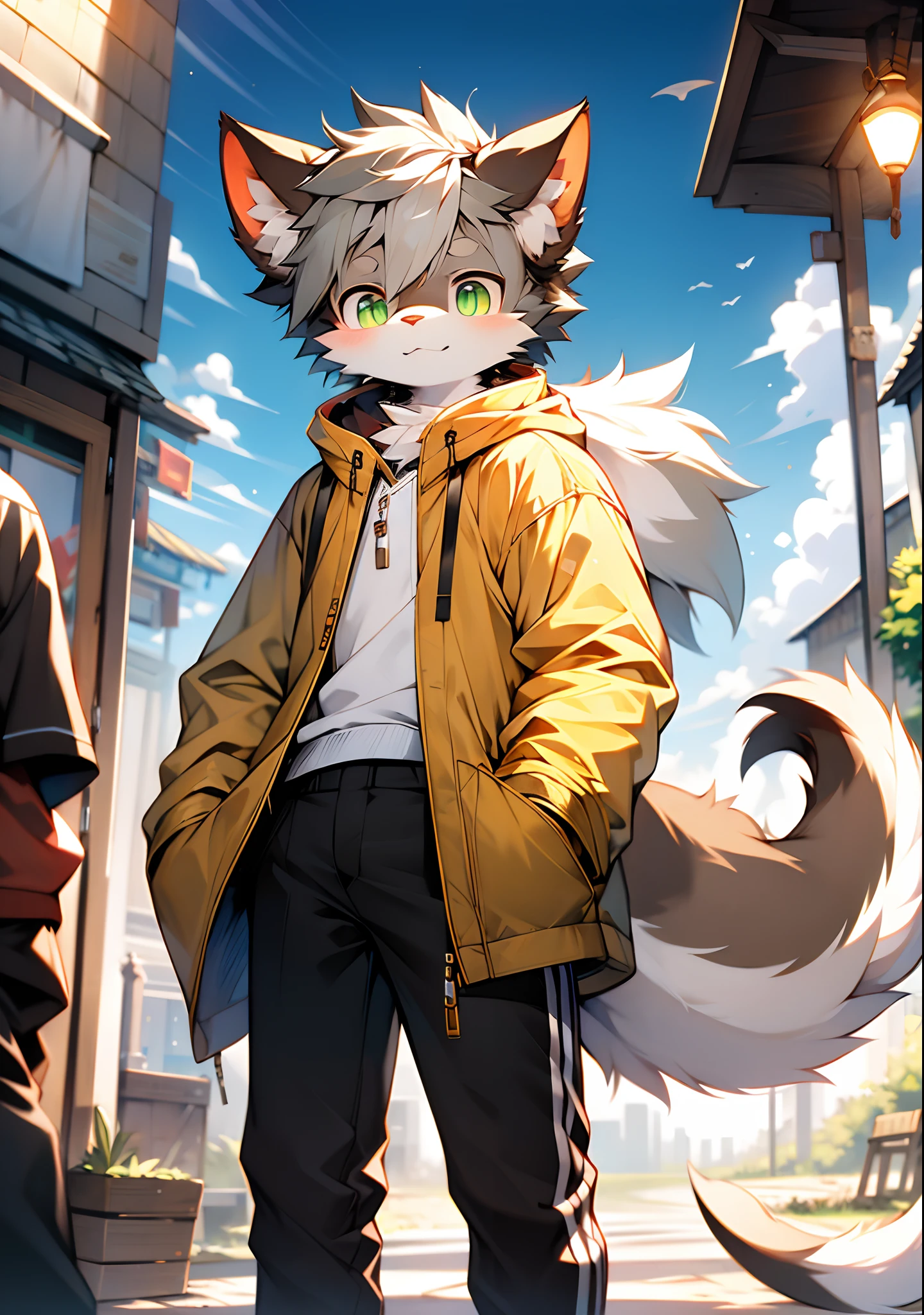 (catss,Gray hair and green pupils,Yellow and white coat color,adolable,vivaciousness,Libido boy,underage,Wear a sweatshirt with a pink pattern,lively and lovely,shorter pants, Wind element,shaggy),Digital artwork with cinematic lighting.A boy,Monosomy anthropology,Furry,feral,(Digital media \(artwork of a\):1.2),(hi,It's nothing,absurd res:1.2),Perfect anatomy,Anatomically correct,Detailed,Detailed face,Detailed eyes,(