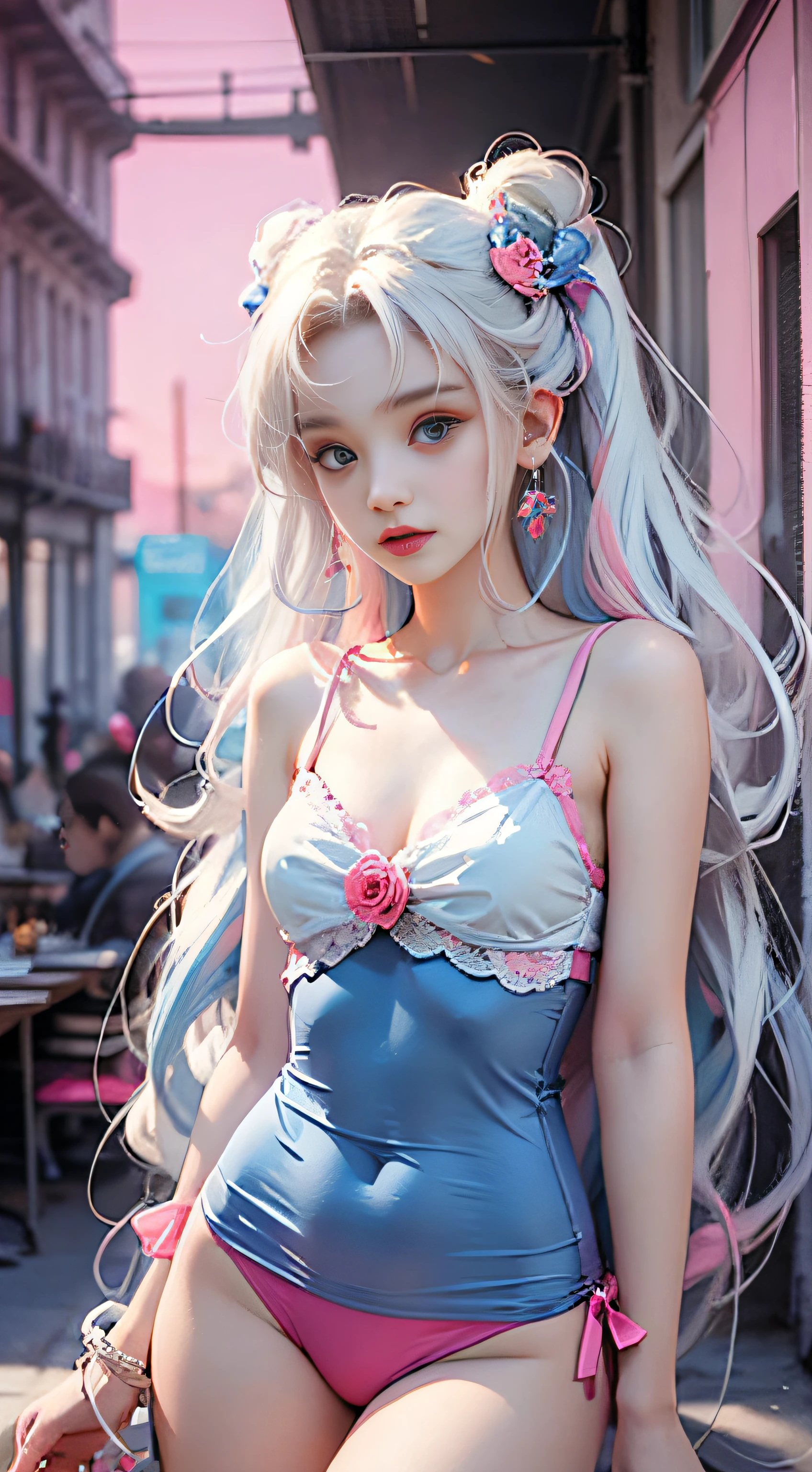 Light blue and pink color scheme,Sexy Girl ,tiny body,Petite,white curly hair, Camisole in colorful colors