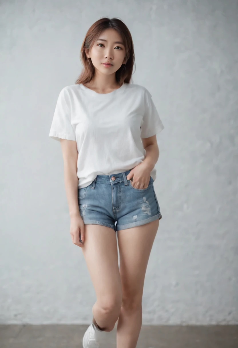 Full body of Japan woman in white t-shirt and denim shorts