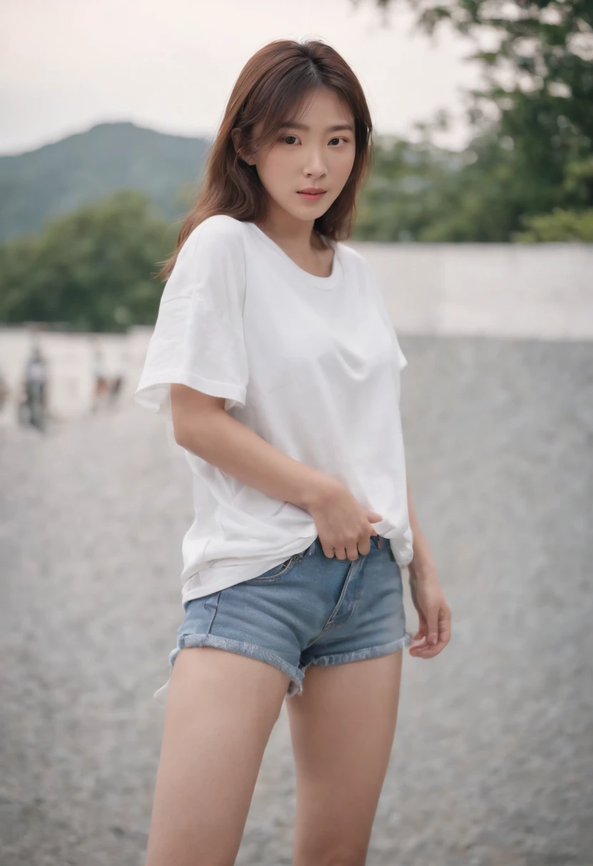 Full body of Japan woman in white t-shirt and denim shorts
