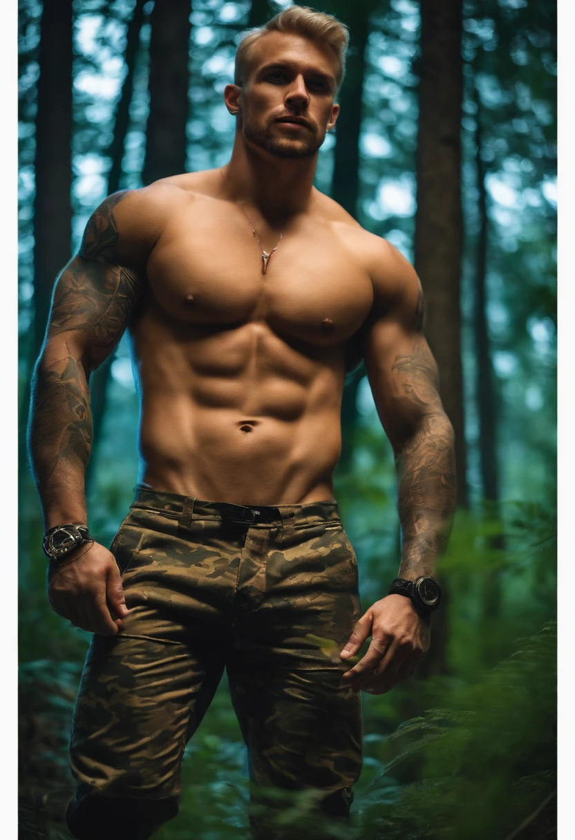 Two handsome muscular tattooed naked men, one black, one with short blonde hair, wearing tiny camouflage jockstraps and boots, hiding in the forest at night, full body image, seen from a low angle