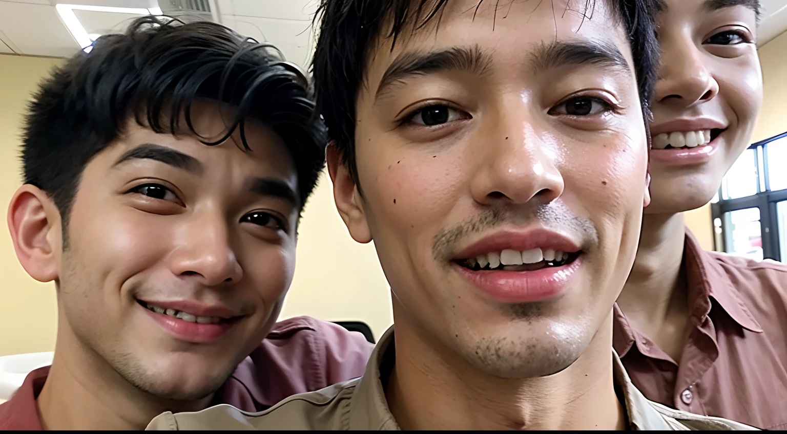 Three smiling boys with black hair and brown shirt