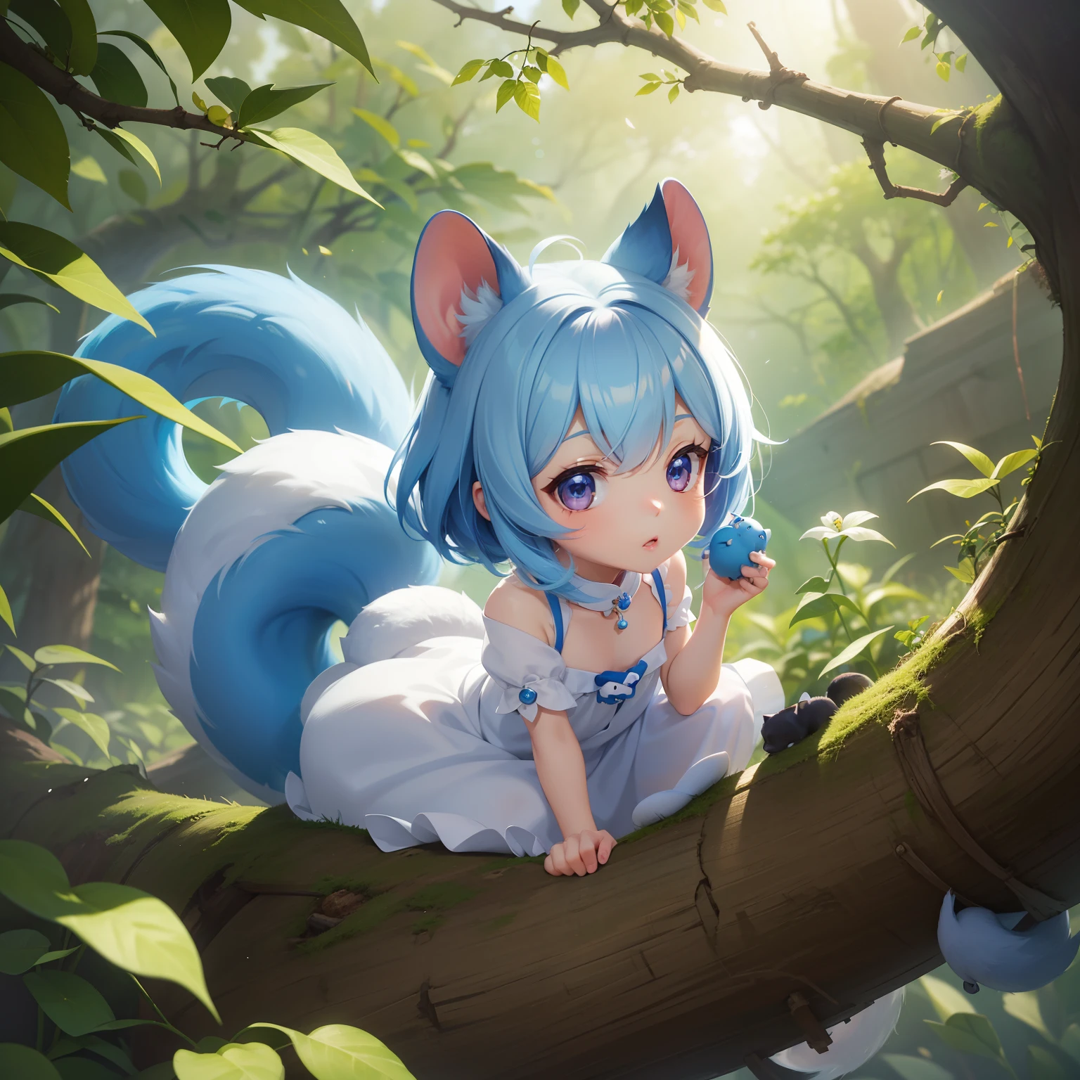 There is a small white squirrel with an acorn in his hand,  There are also cubs。There are also fawns。Chibichara　A cute girl with blue hair is also with me。It is a cute white and blue costume。Dark eyes。cute forest creature, Adorable Digital Painting, cute detailed digital art, the squirrel king, Cute digital art, cute cartoon characters, cute character, CuteCreatures, Cutie, official illustrations, Official art, squirrel, maplestory mouse, astri lohne,  cute 3d render