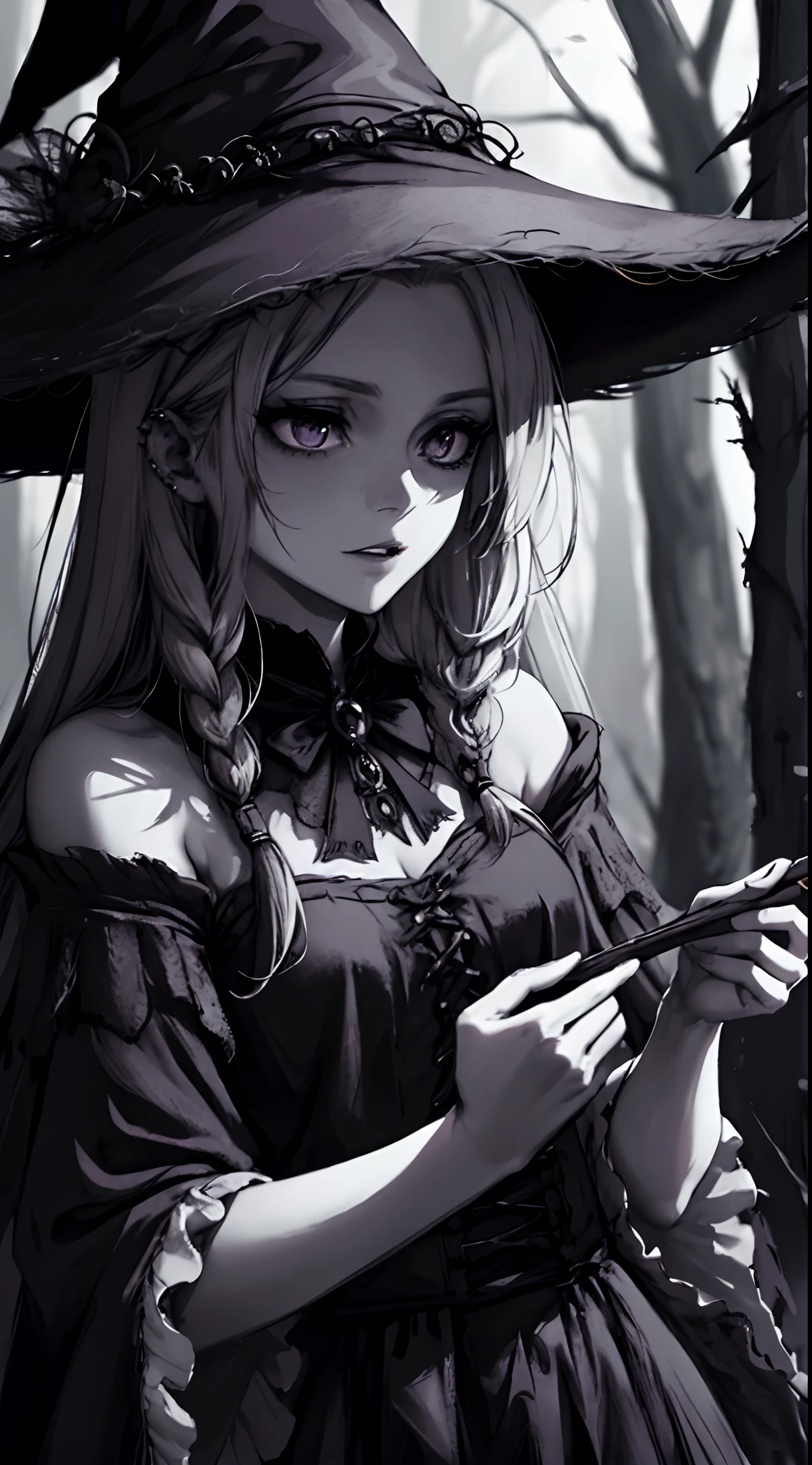 1 girl, upper body, single focus, wicked beauty, witch-like attire, piercing gaze, (witch's cauldron: 1.4), (haunted forest: 1.3), pale skin, dark aura, [depth of field, ambient lighting, misty forest foreground, sinister forest background], haunted woods, dark incantations, swirling fog, (haunted tree), (witch's broomstick: 1.2), intricate details, enhanced lighting.