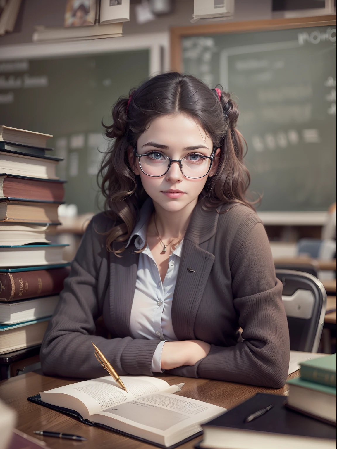 In the classroom,(English teacher,Portrait of a 30-year-old female teacher),Bust,classroom desk,many books,pen,blackboards,Real Photographics
