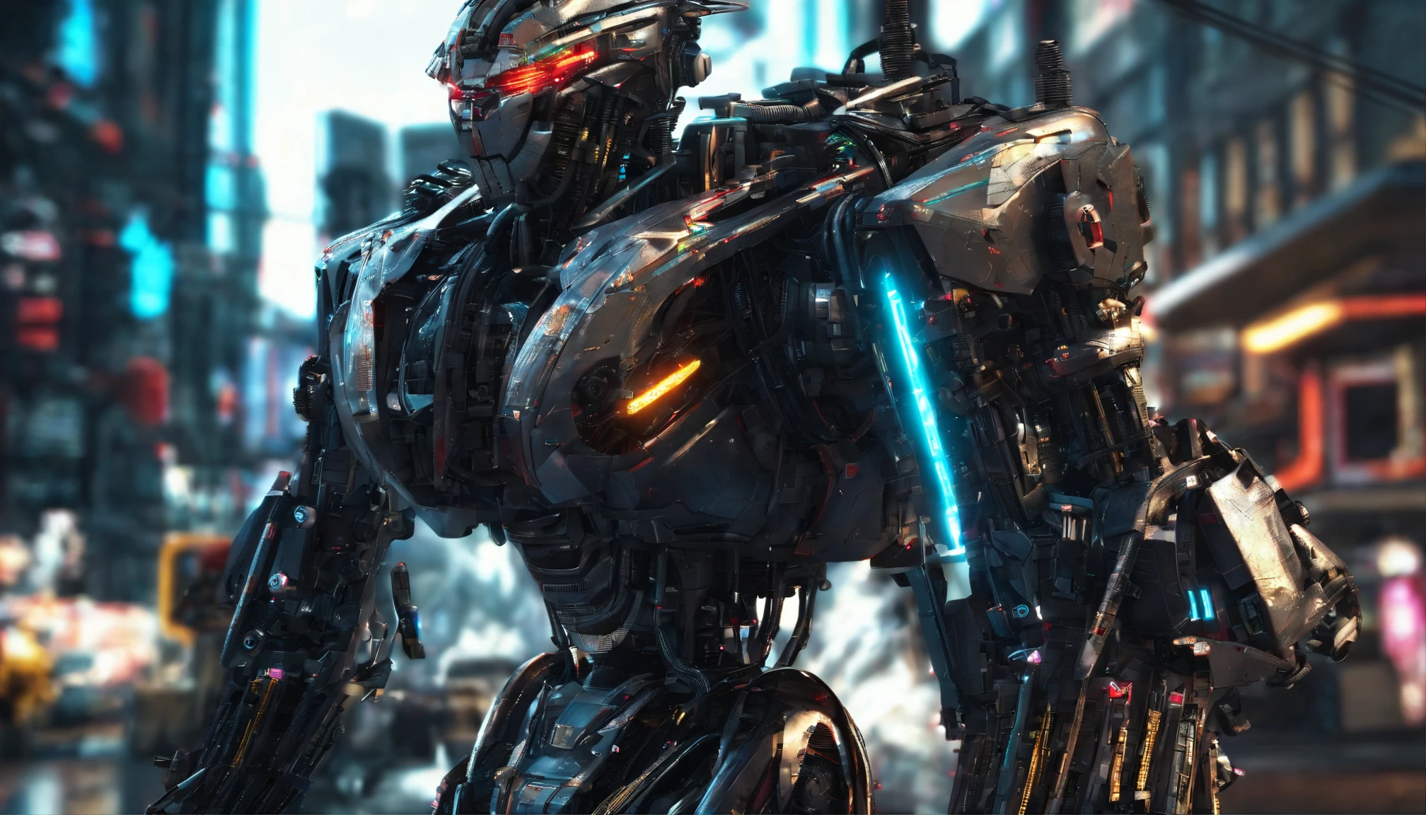 a robot, Walking on the street, Transformers, Autobot，sportrait，Machinary, future warrior,Rich in color