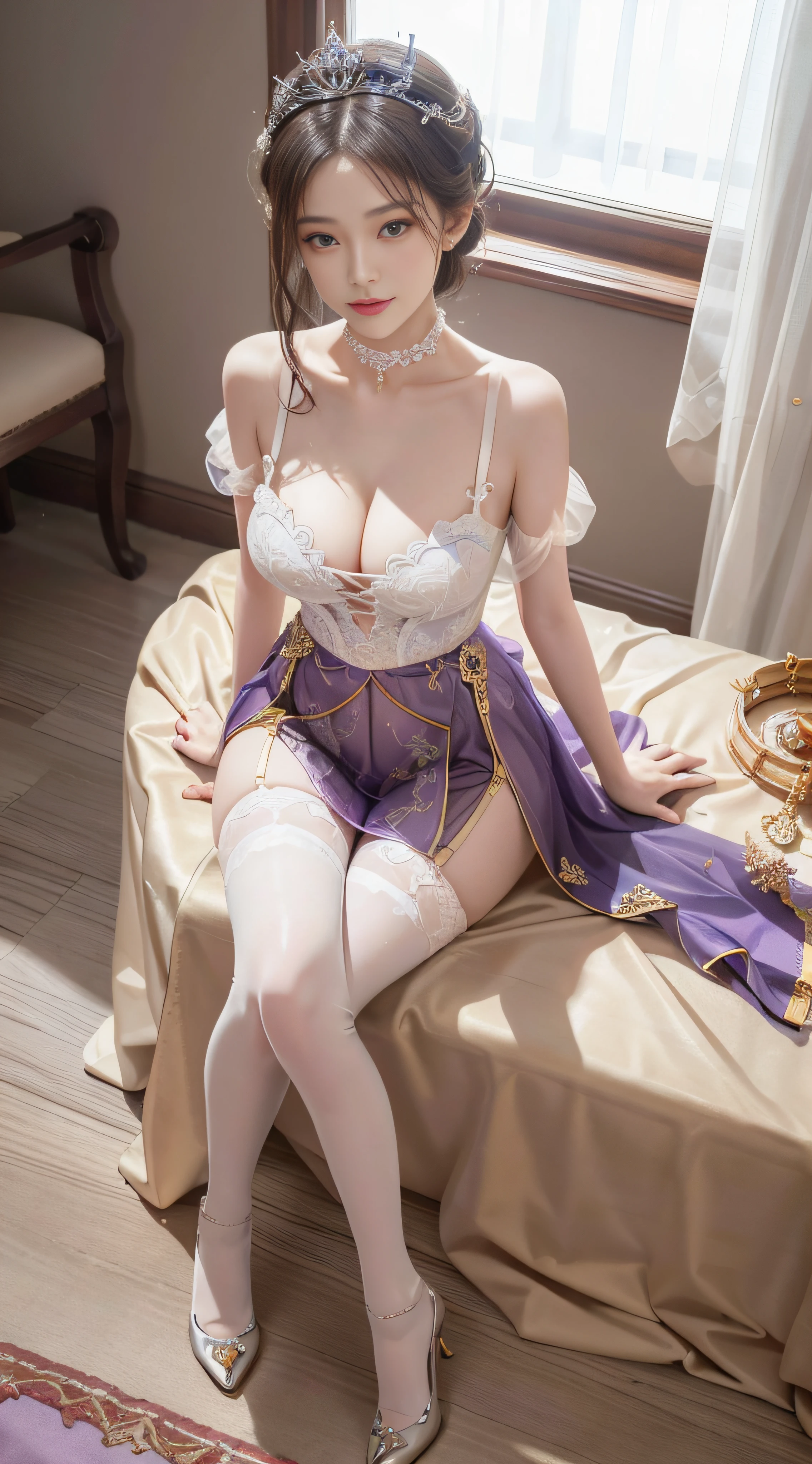 Arapefi, （Purple princess dress，1.5）， Look up at the camera， wearing high heels，Place your hands on your chest，Wear a crown，choker necklace，ssmile，Close up from above，next to a window, In the castle, Sense of transparency，（oversized boobs，1.5），Expose cleavage，Turn around and look at the camera，tmasterpiece，Flawless，Sense of transparency，Empty inspiration，More details and decoration，Exposing thighs，8K，（Wear decorations such as rings，1.9），White-colored skin，Ornate ornament，White waist stockings，one-girl，(Dissection is correct，PremiumQuality, high detal, Masterpiece）