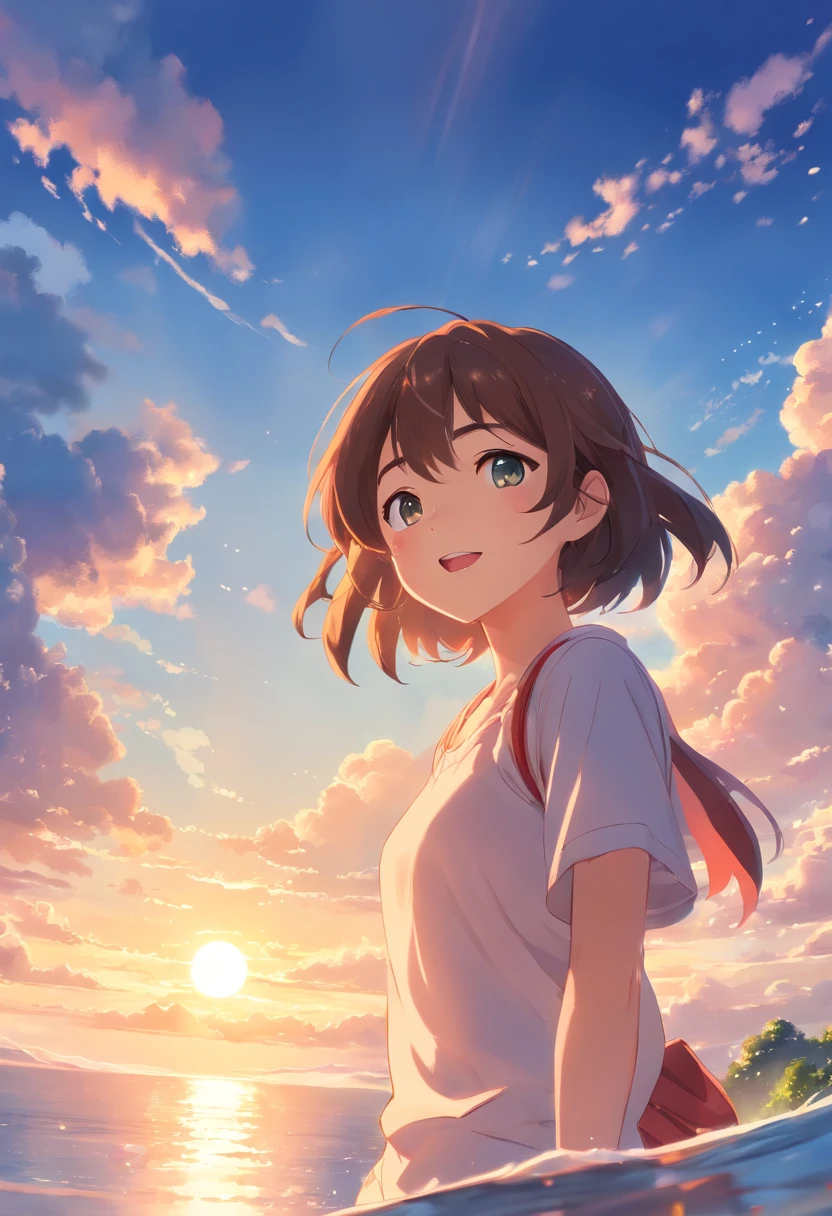 masterpiece、top-quality、Movie stills、1girl in、Eat nigiri rice、Mouth wide open、Cloud Girl、floating in sky、a closeup、发光、Happiness、Warm and soft lighting、the setting sun、(Spark:0.7)