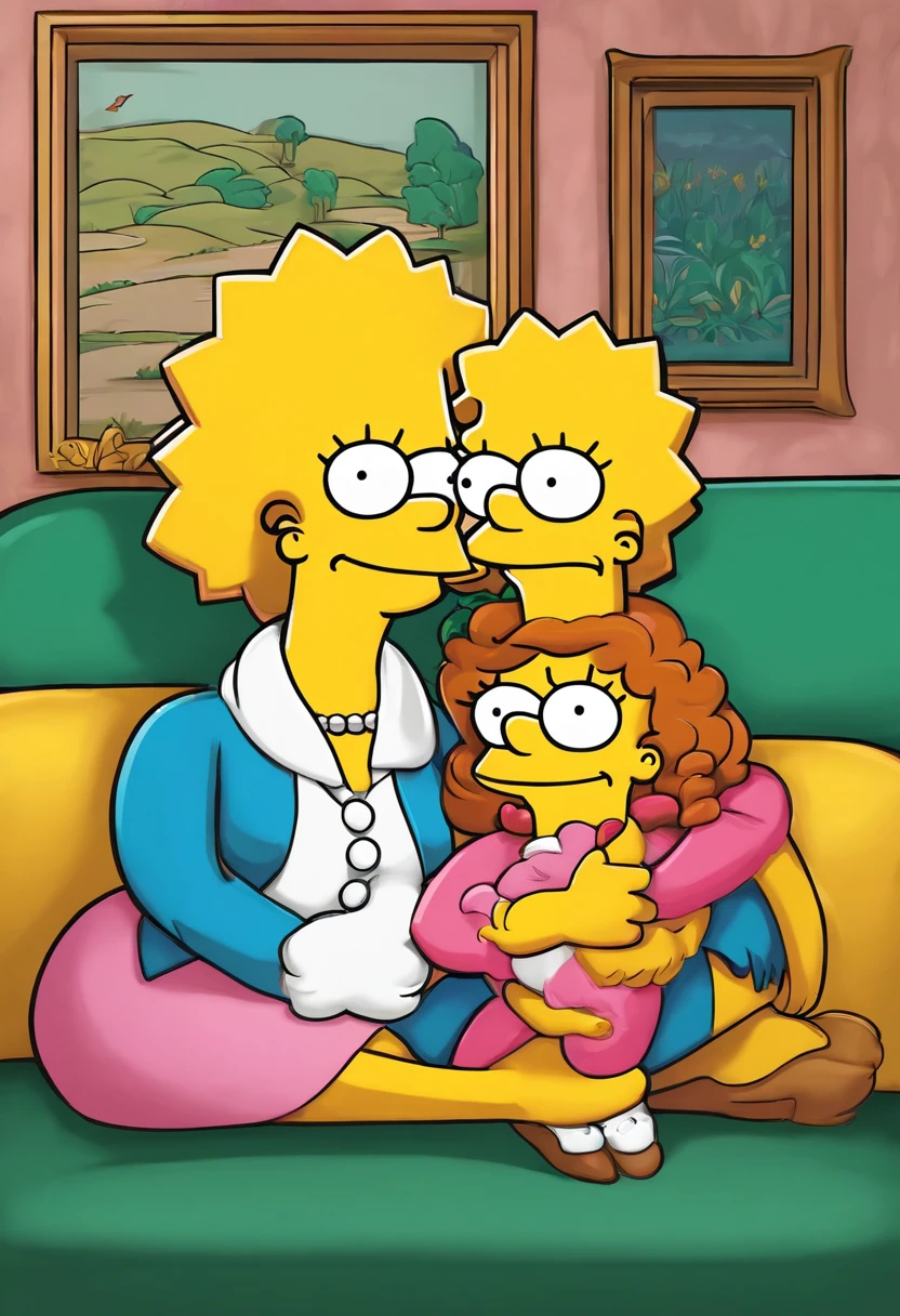 convert the woman and girl to simpsons cartoon style, simpsons yellow faces, simpsons yellow arms and hands, render a woman and a young girl sitting on a couch, simpsons girl crossing arms around simpsons woman sitting in front of her, Simpsons Cartoon conversion
