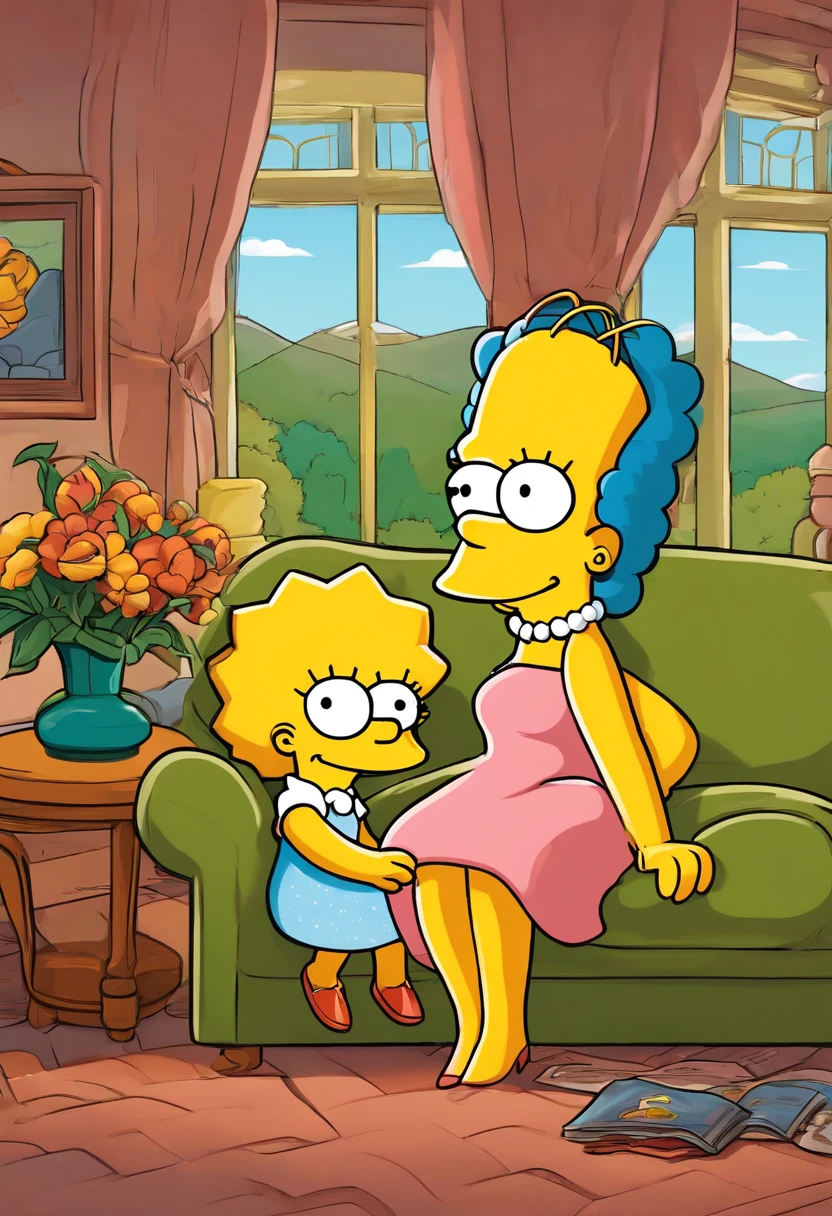 convert the woman and girl to simpsons cartoon style, simpsons yellow faces, simpsons yellow arms and hands, render a woman and a young girl sitting on a couch, simpsons girl crossing arms around simpsons woman sitting in front of her, Simpsons Cartoon conversion