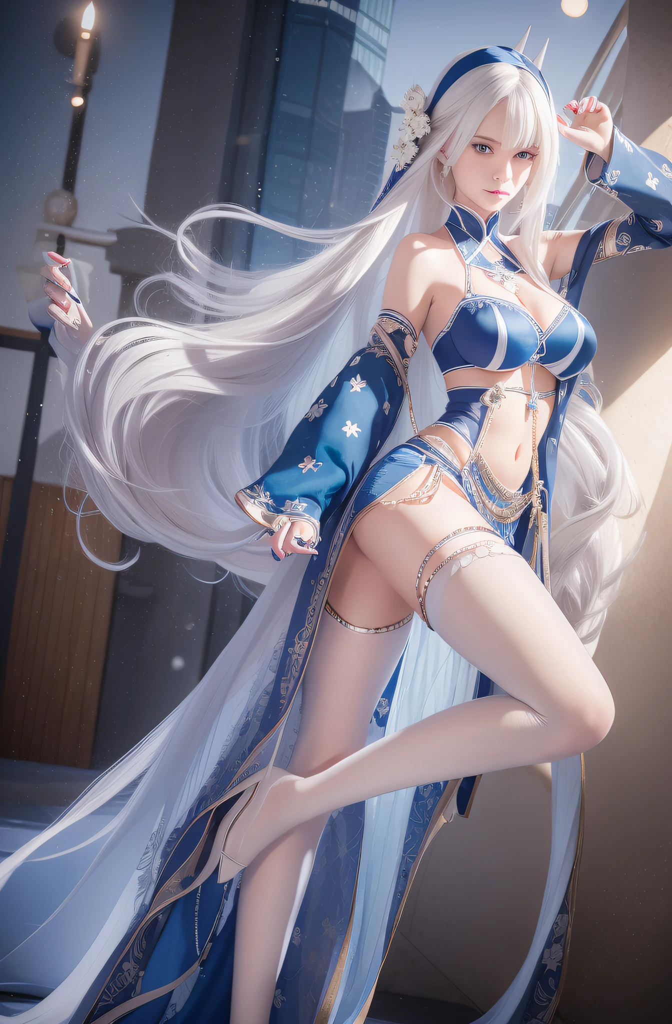 female, white long hair, wearing blue navy dress elegant, blue nail polish, the stomach is open, glare ,3 horn headband, photorealistic, masterpiece