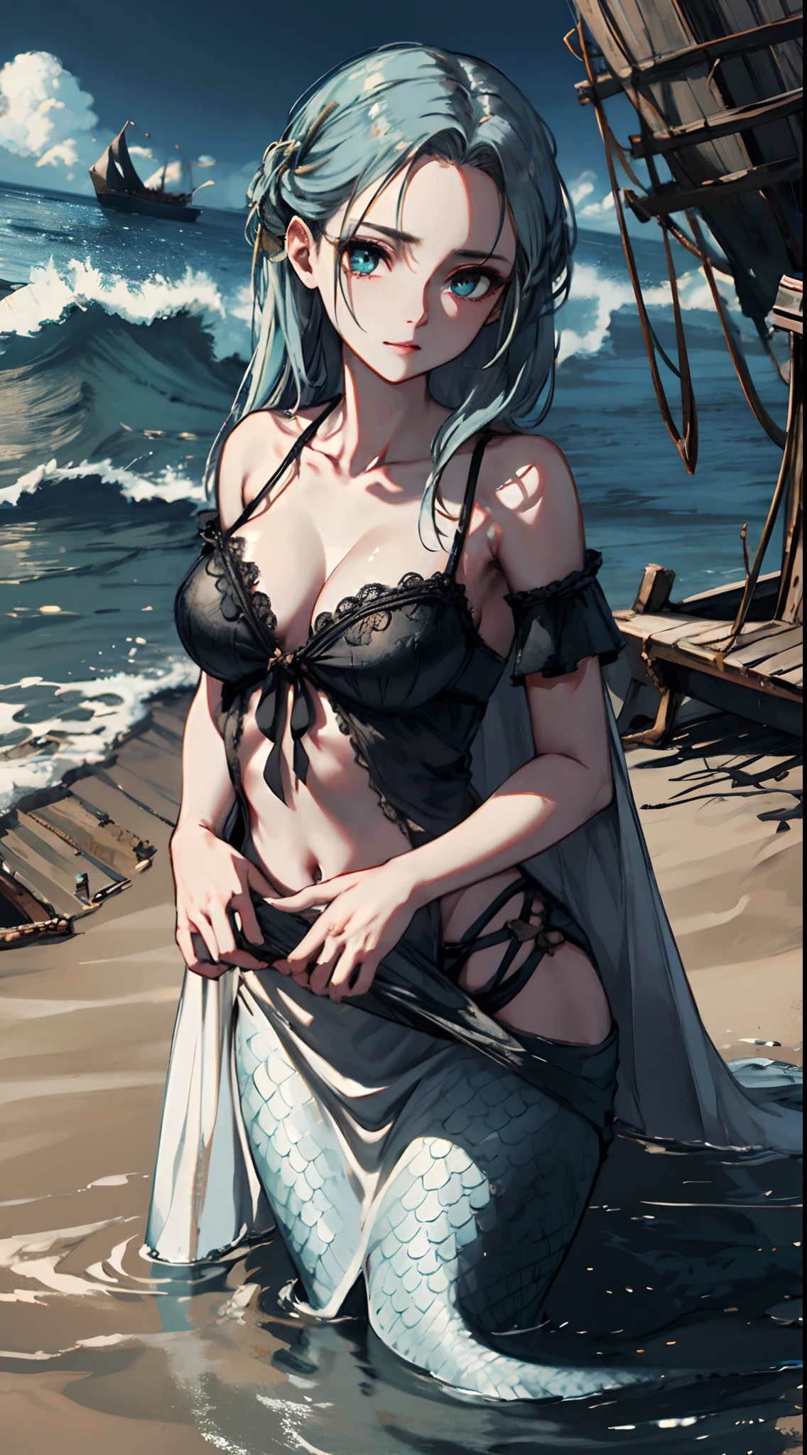 1 girl, upper body, single focus, haunting allure, cursed mermaid attire, enchanting eyes, (haunted shipwreck: 1.4), (forbidden waters: 1.3), ghostly pallor, eerie aura, [depth of field, ambient lighting, eerie shipwreck foreground, cursed ocean background], forsaken shipwreck, lost souls, ethereal waves, (sandy shore), (ship's wheel: 1.2), intricate details, enhanced lighting.