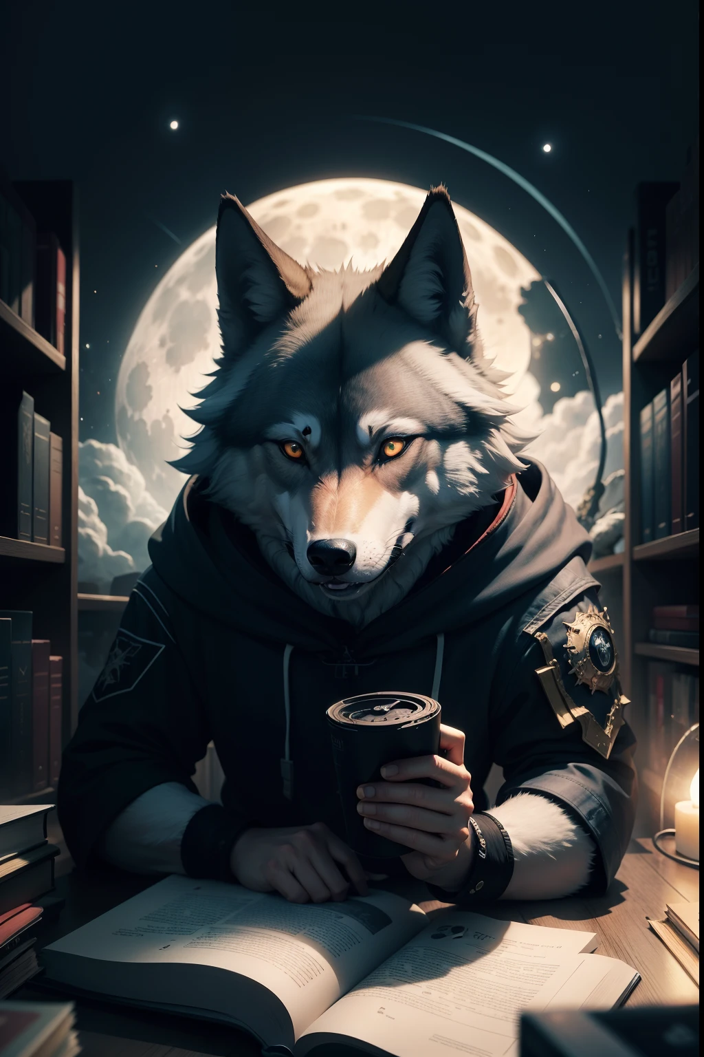 wolf,reeding book,moon,outer space,hack
