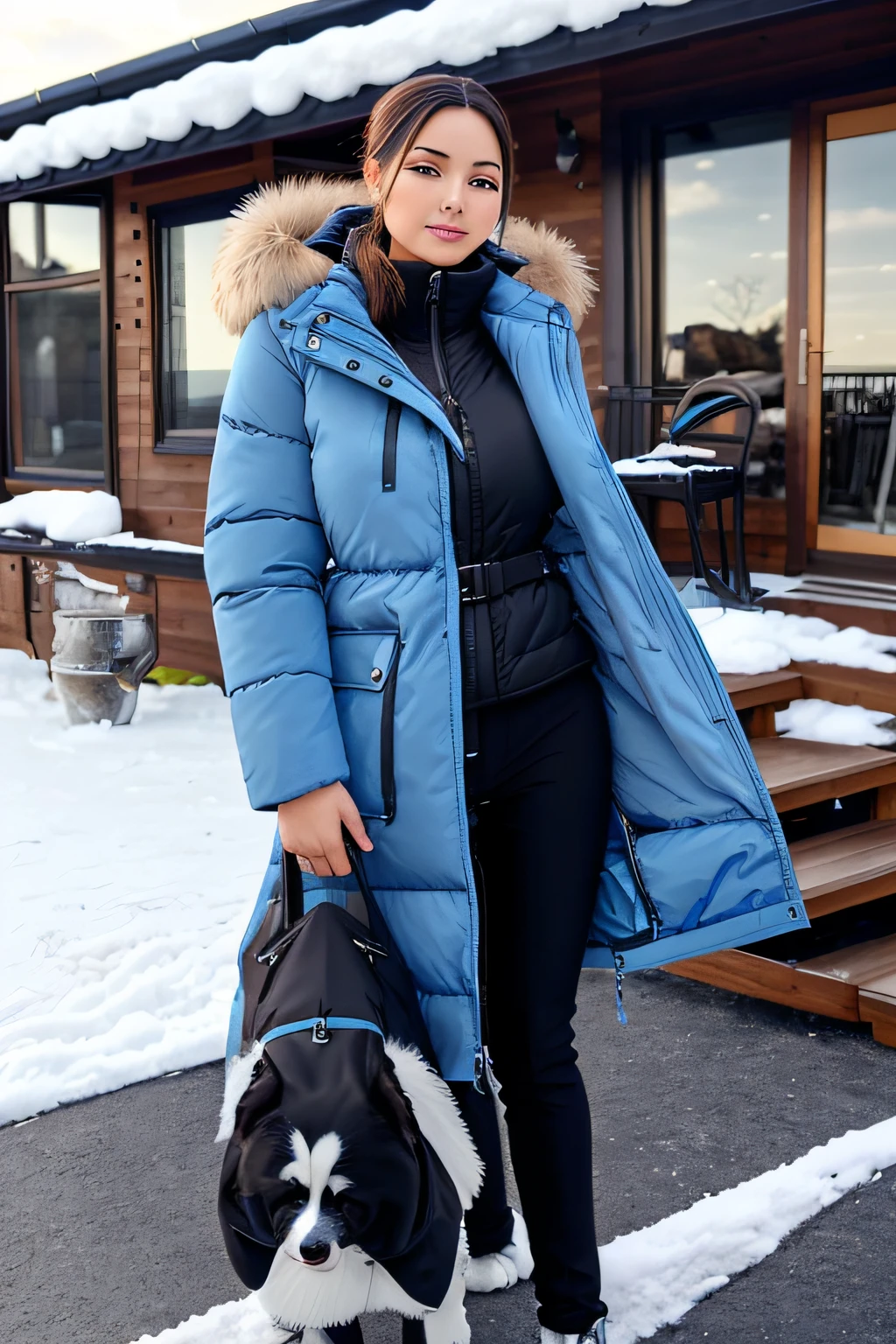 Make a woman with big breast, Blue long winterjacket , with open zipper, with face, body, Lakeside house, travel bag, black pants, dog