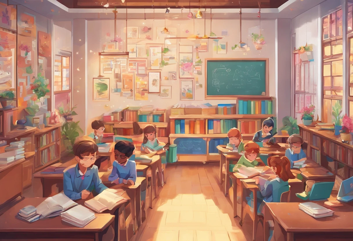 Quality first,masterpiece in detail,A teacher,Several students,Write and read,in class room,fresh flowers,Rich in color