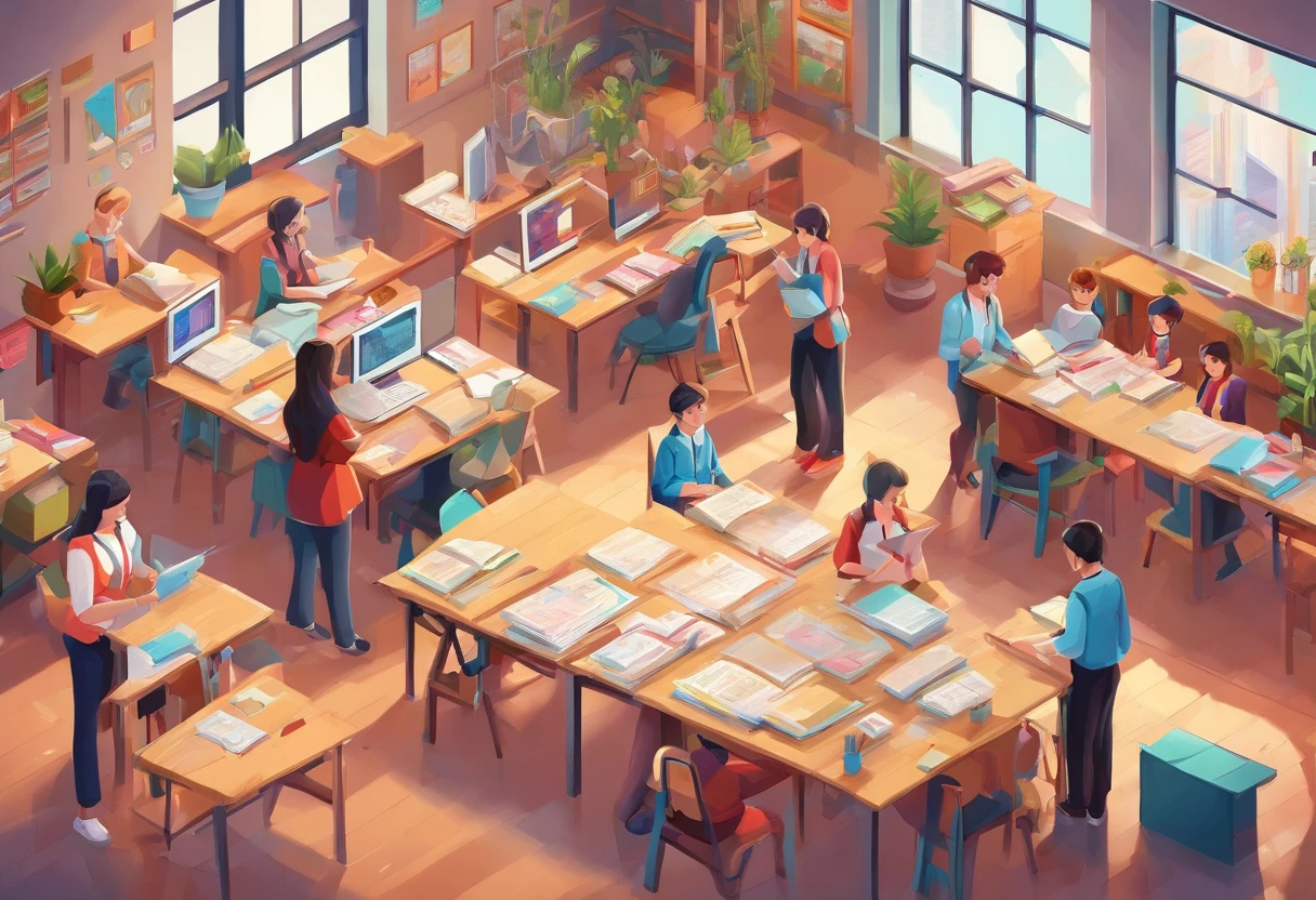 Quality first,masterpiece in detail,A teacher,Several students,Write and read,in class room,fresh flowers,Rich in color