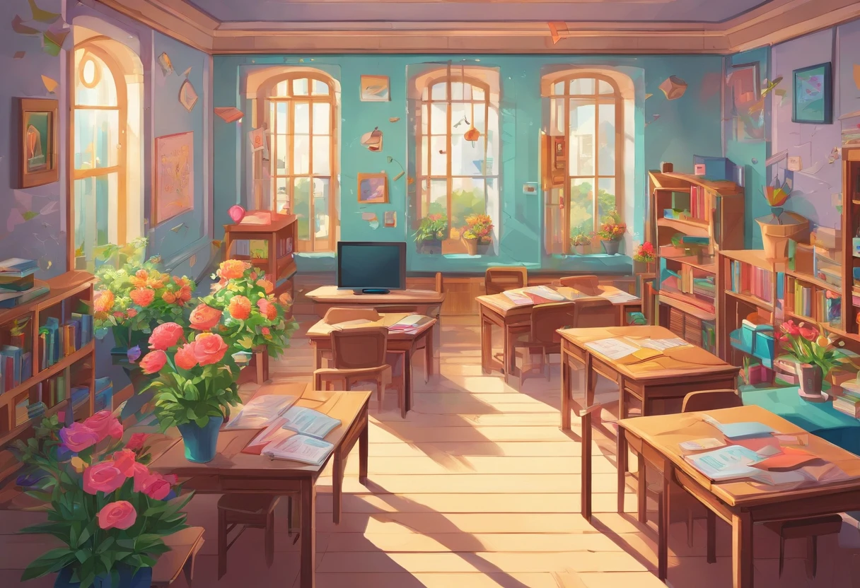 Quality first,masterpiece in detail,A teacher,Several students,Write and read,in class room,fresh flowers,Rich in color