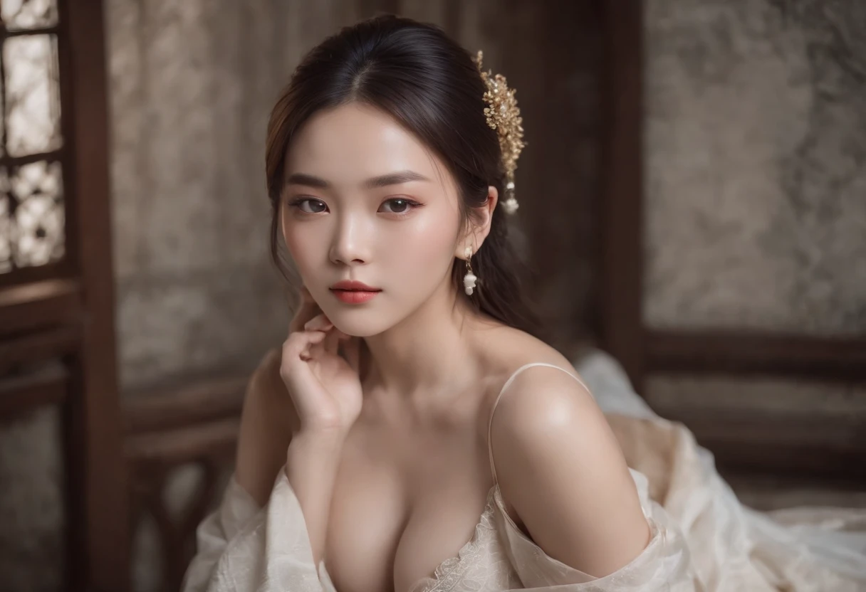 Fengshen Bang，tmasterpiece，ultra fine photos，，best qualtiy，超高分辨率，Photoreality，Chiaroscuro，（full-body portraits），stunningly beautiful，dynamicposes，delicated face，Bigchest，Murderous eyes，（seen from the side），She wears gold ancient Chinese armor，very highly detailed background，detailed face with，Detailed and complex busy background，untidy，opulent，milkyW，Highly detailed skin，Realistic details of skin，Visible Pore，tack sharp focus，volume fog，8k uhd，digital SLR camera，high qulity，filmgrain，White skin of the，photo-realism，lomography，The palace of the Yin Shang King in ancient China , look from down, semi transparent, gigantic breasts, showing cleavage, full body shot camera angle, lotus tattoo on forehead, sexy body: 1.4, Slim abdomen: 1.2, sitting on chair with legs up, gigantic deep cleavage, open shirt, opens her legs in an M shape,