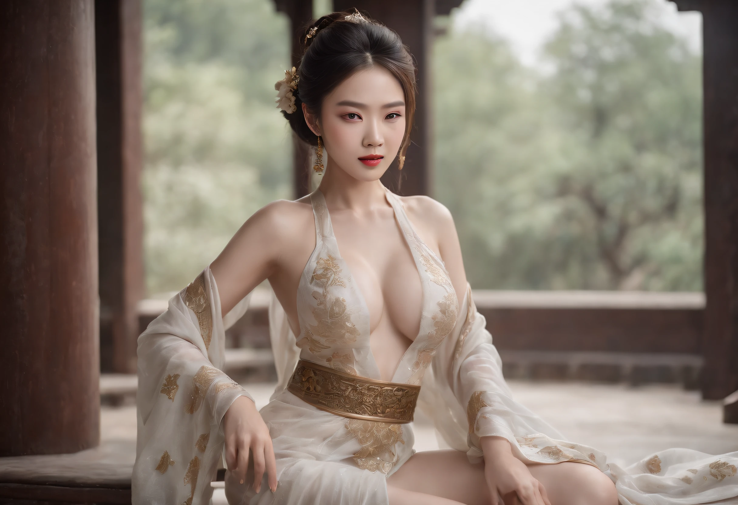 Feng Shen List,tmasterpiece,ultra fine photos,,best qualtiy,超高分辨率,Photoreality,Chiaroscuro,(full-body portraits),stunningly beautiful,dynamicposes,delicated face,Bigchest,Murderous eyes,(seen from the side),She wears gold ancient Chinese armor,very highly detailed background,detailed face with,Detailed and complex busy background,untidy,opulent,milkyW,Highly detailed skin,Realistic details of skin,Visible Pore,tack sharp focus,volume fog,8k uhd,digital SLR camera,high qulity,filmgrain,White skin of the,photo-realism,lomography,The palace of the Yin Shang King in ancient China , look from down, semi transparent, gigantic breasts, showing cleavage, full body shot camera angle, lotus tattoo on forehead, sexy body: 1.4, Slim abdomen: 1.2, sitting on chair with legs up, gigantic deep cleavage, open shirt, opens her legs in an M shape,