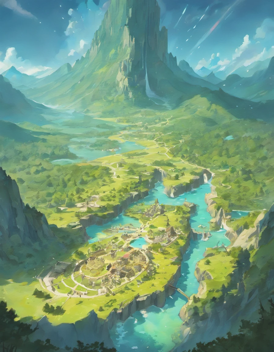 MAP, Map of a fantasy continent，seven regions, In the middle of the map magma, montains and hill，To the north is where the dwarves of the Land of Ice and Snow live, desert, To the east is the forest,stone bridge