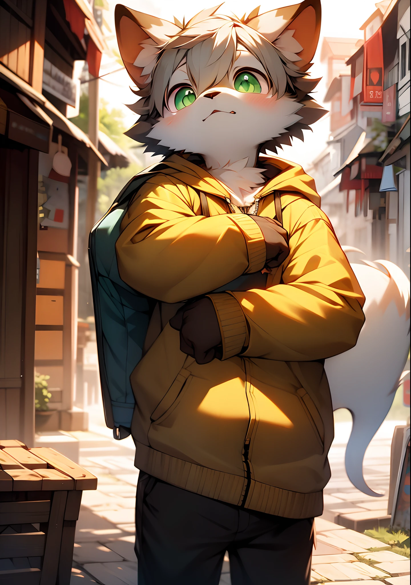 (catss,Gray hair and green pupils,Yellow and white coat color,adolable,vivaciousness,Libido boy,underage,Wear a sweatshirt with a pink pattern,lively and lovely,shorter pants, Wind element,shaggy),Digital artwork with cinematic lighting.A boy,Monosomy anthropology,Furry,feral,(Digital media \(artwork of a\):1.2),(hi,It's nothing,absurd res:1.2),Perfect anatomy,Anatomically correct,Detailed,Detailed face,Detailed eyes,(