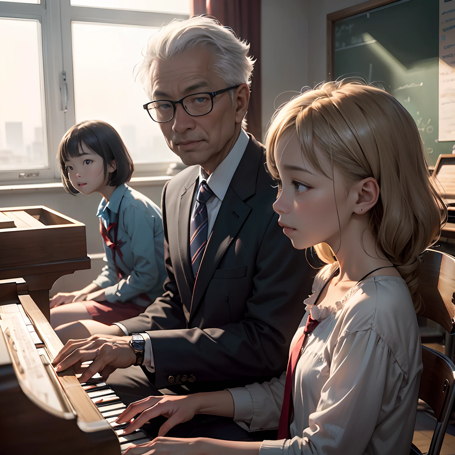 In bright classrooms,(An older Asian male teacher teaches two elementary school students to play the piano:1.5),The teacher's face is full of the vicissitudes of time,Full of silver hair,Watch your classmates smile toothyly,Sunlight shines through the window on the teacher's face,pianos,((Best quality, A high resolution, Masterpiece:1.2)), Clear facial features, Optimized details,8K,cinematic Film still from.In bright classrooms,(An older Asian male teacher teaches two elementary school students to play the piano:1.5),The teacher's face is full of the vicissitudes of time,Full of silver hair,Watch your classmates smile toothyly,Sunlight shines through the window on the teacher's face,pianos,((Best quality, A high resolution, Masterpiece:1.2)), Clear facial features, Optimized details,8K,cinematic Film still from.