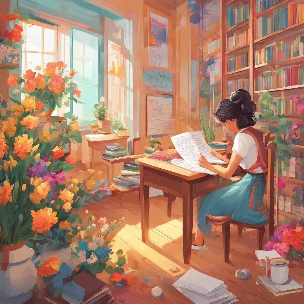 Quality first,masterpiece in detail,A teacher,Several students,Write and read,in class room,fresh flowers,Rich in color
