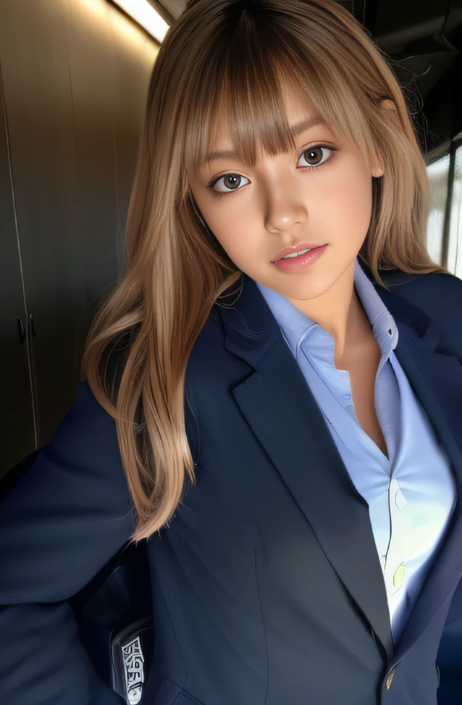 (masterpiece:1.2), ultra detailed, ultra high res, (realistic, photo realistic:1.37), high detail RAW color photo, professional photograph, an extremely delicate and beautiful, extremely detailed, 8k wallpaper, Amazing, finely detail, huge file size, extremely detailed beautiful girl, extremely detailed face, extremely detailed eyes, extremely detailed skin, extremely detailed fingers, extremely detailed nose, extremely detailed mouth, perfect anatomy, highly detailed background, (a famous actress of Japan), blond hair, ponytail, Tanned skin, (gal make:1.4), flat chest, (gyaru:1.2), Dynamic lighting, (from below:1.2), (dark blue blazer school uniform with less cloth:1.4), (dark blue Mini skirt), (Shibuya:1.25), laugh, (action:1.2)