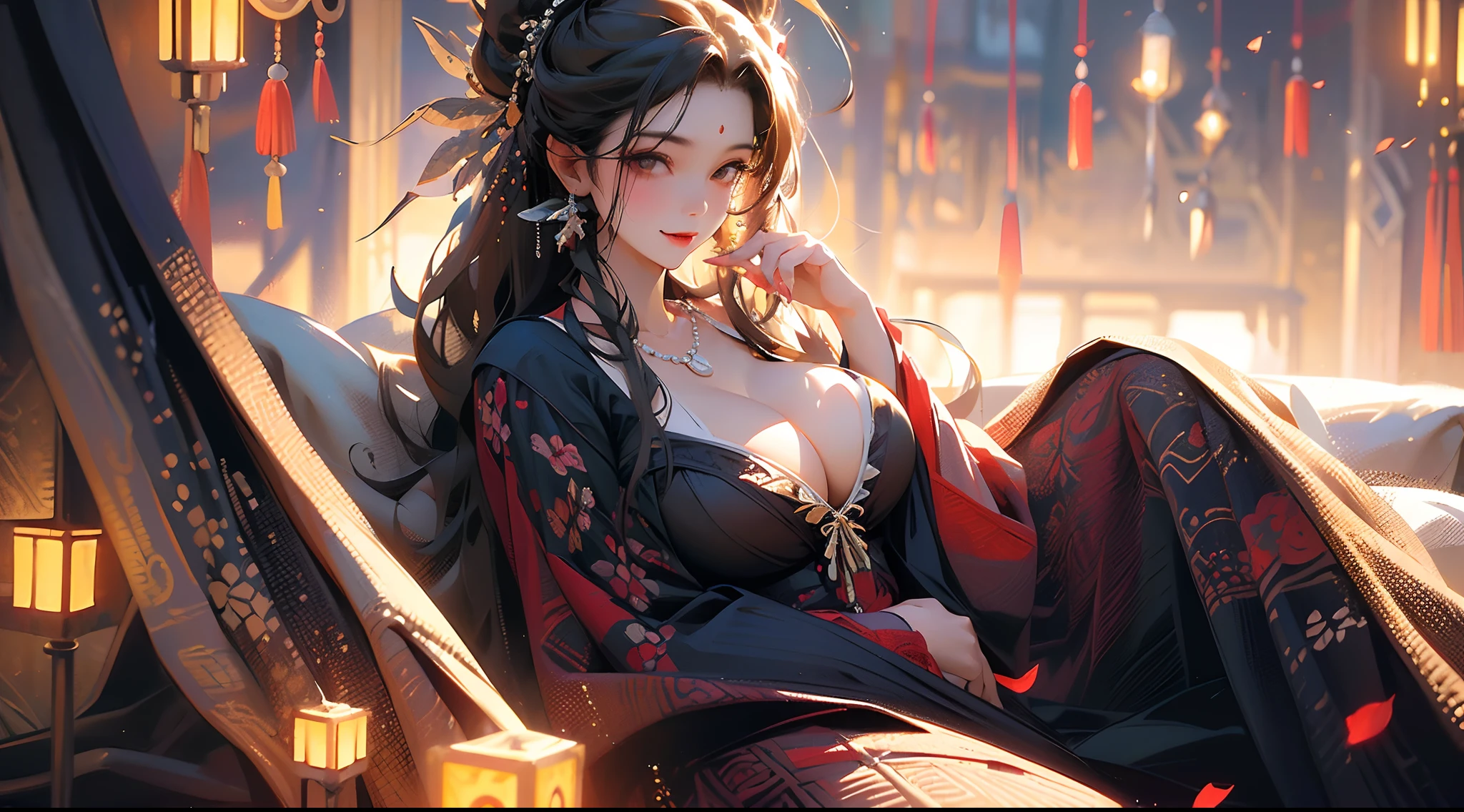 Best Quality,Masterpiece,Ultra High Resolution,(Realisticity:1.4),Original Photo,Cinematic Lighting, 1Girl,smile,full body,sea of flowers,(huge breasts,best quality, masterpiece, (1mom, big-vampire-mommy), 1girl, solo, breasts, large breasts, cleavage, exposed breast, brown eyes, diamond ear drill, pearl necklace, looking at the camera, expression of joy, , no underwear