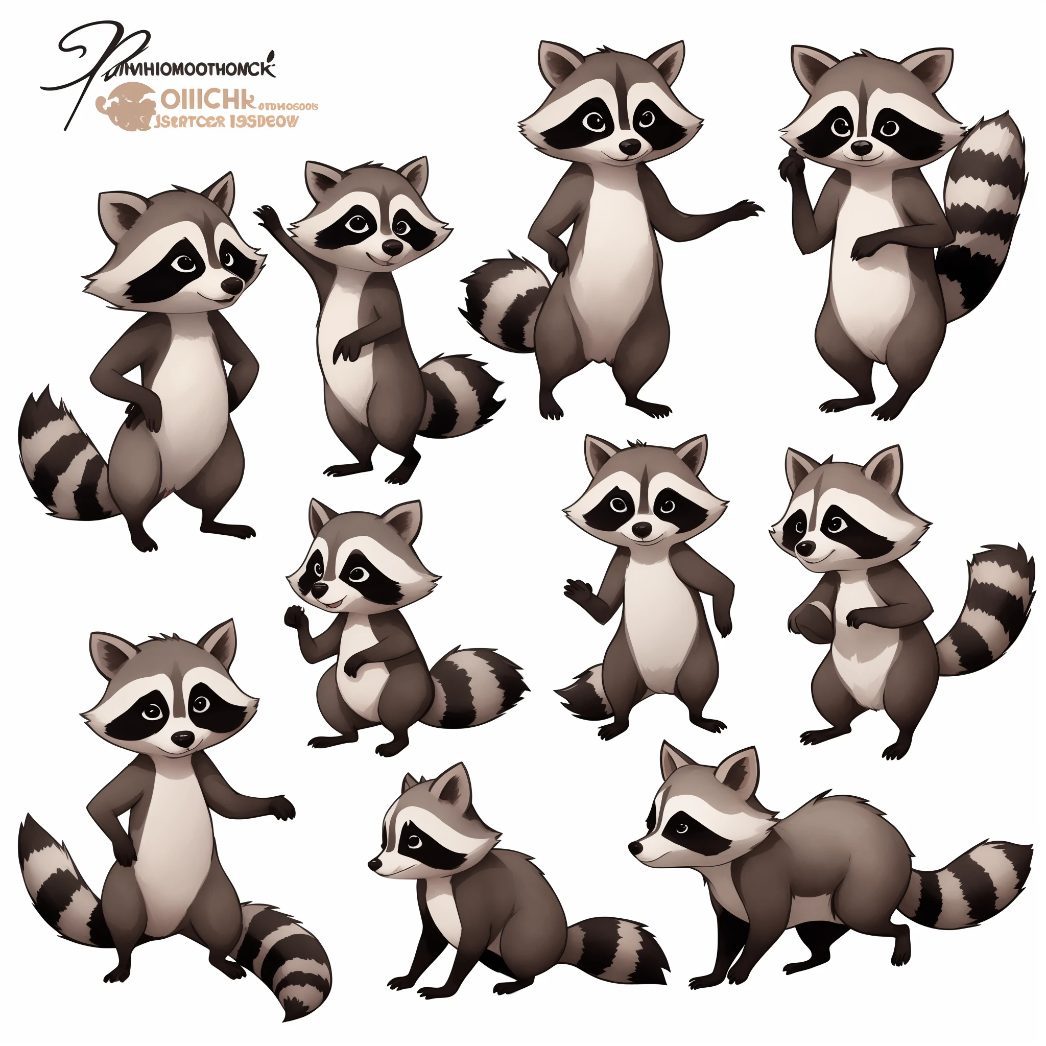 Cute little anthropomorphic raccoon on two legs in different poses, gray fur without clothes, Character Sheet, Multiple postures and facial expressions, watercolour, kids book illustration, watercolor illustration