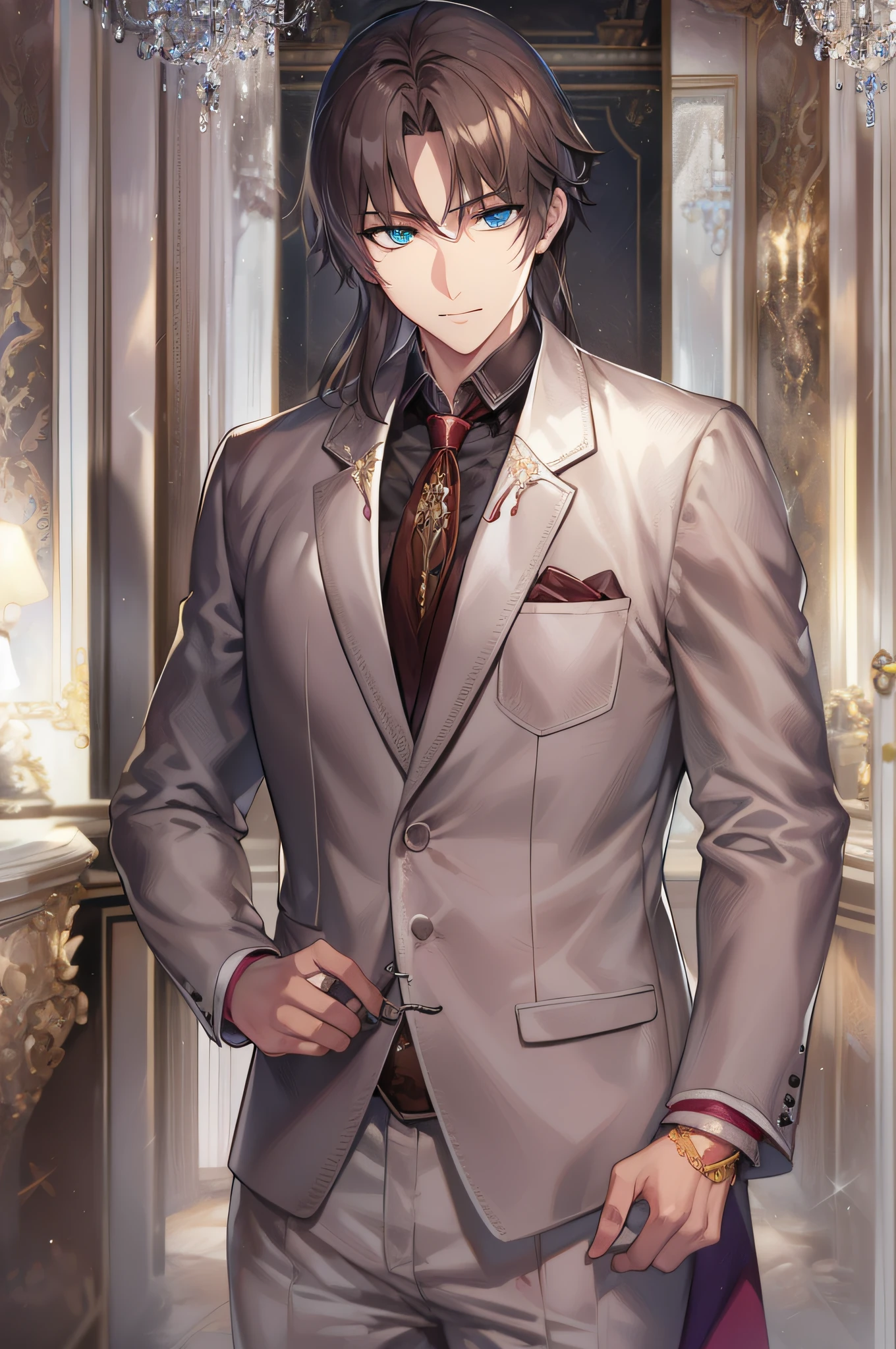 Best Quality, Detailed Digital Anime Art,Illustrations,stunning anime face portrait beautiful detailed eyes,Ultra-detailed,Beautiful detailed glow,8k high quality detailed art,Best Shadow,Beautiful detailed reflection,Beautiful intricately written background
One Gentleman,Ikeoji,dandy,Black tuxedo,Pure white pocket chief,Wine red bow tie,Meet your husband,Rin々Facial expressions,Cool leather shoes in mud black,Put your left hand on your chest,The entrance of a Western-style mansion,Welcome,full bodyesbian,Chandelier in the back
