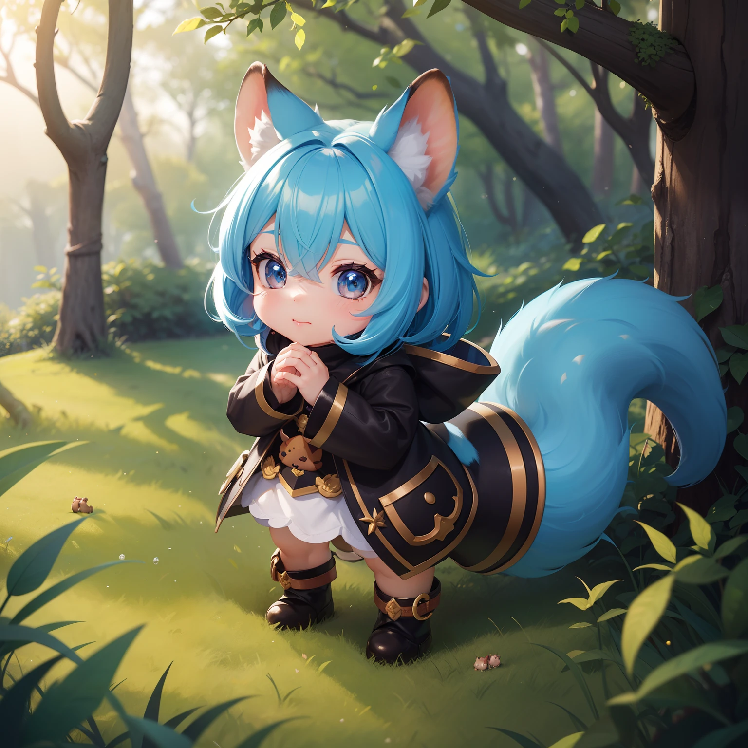 There is a small bear with an acorn in his hand, There are also squirrels。There are also fawns。Chibichara A cute girl with blue hair is also with me。It is a cute costume in white and blue。Dark eyes。cute forest creature, Adorable Digital Painting, cute detailed digital art, the squirrel king, Cute digital art, cute cartoon characters, cute character, CuteCreatures, Cutie, official illustrations, Official art, squirrel, maplestory mouse, astri lohne, cute 3d render