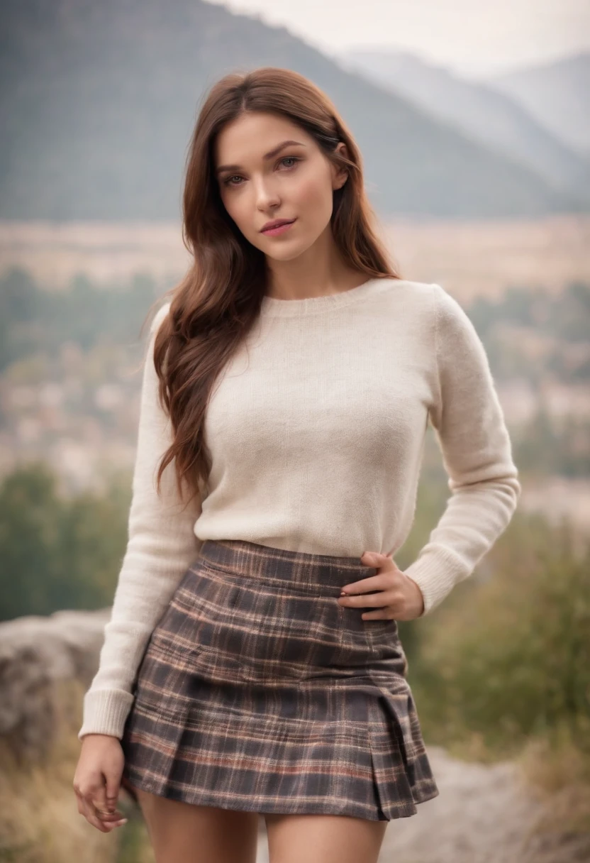 Full body of woman in plaid miniskirt