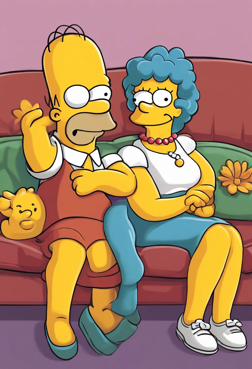 render a simpsons style cartoon woman and a simpsons style cartoon girl sitting on a couch, simpsons yellow faces, simpsons yellow arms and hands, simpsons girl holding simpsons woman sitting in front of her, girl putting her arms around woman sitting in front of her, girl resting her chin on the shoulder of the women sitting in front of her on the couch