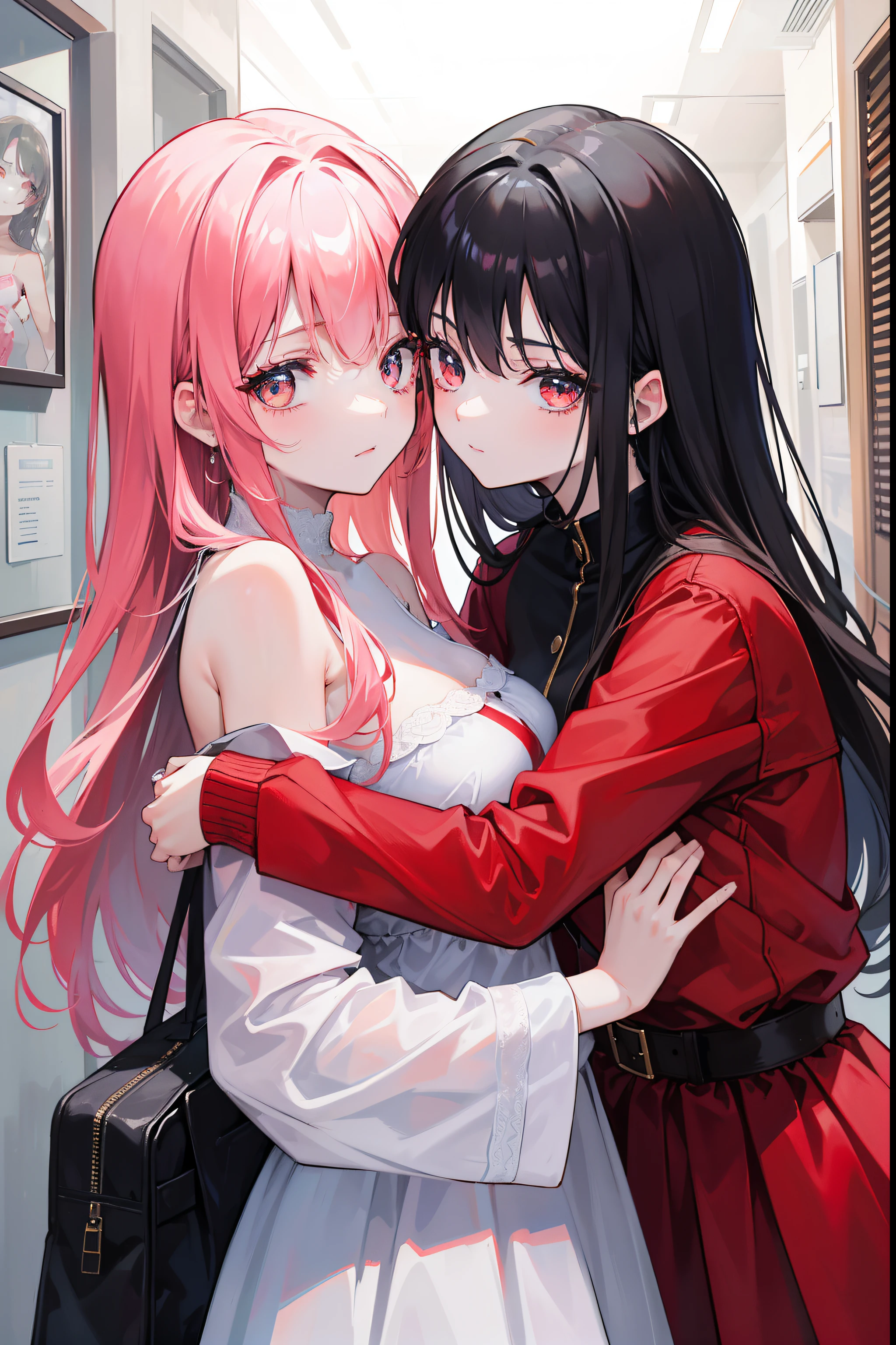 Two beauties，Hold tight，Cuddle together，A girl presses a girl，Hands held together，Be red in the face，Faces pressed together，The girl is strong，Girls are shy，Stylish clothes，In the hallway，From the side Side，Award-Awarded, Best quality, Textured skin, Super detail, Masterpiece
