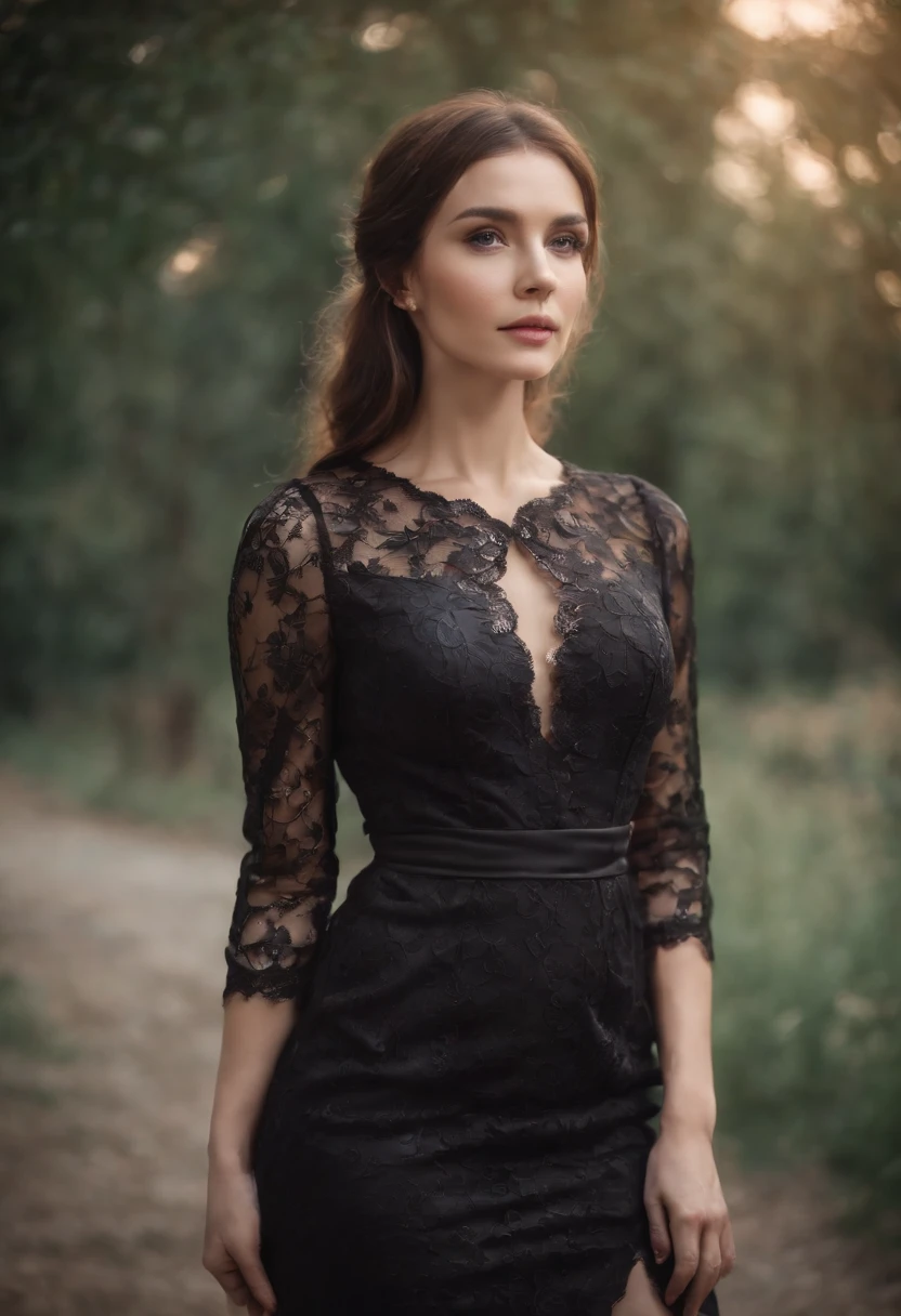 Full body of woman wearing black lace dress