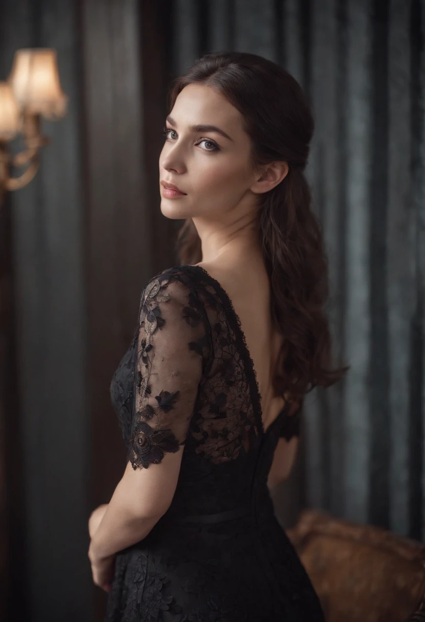 Full body of woman wearing black lace dress