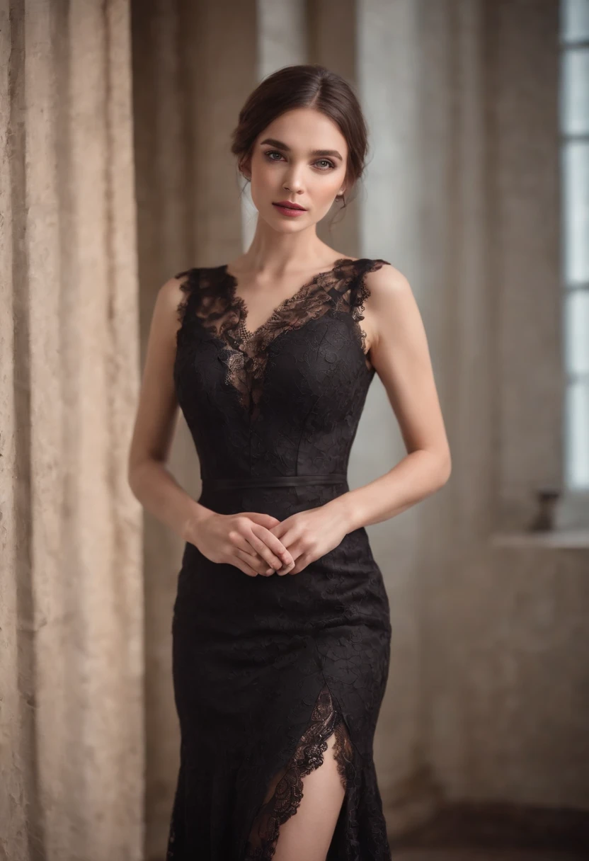 Full body of woman wearing black lace dress