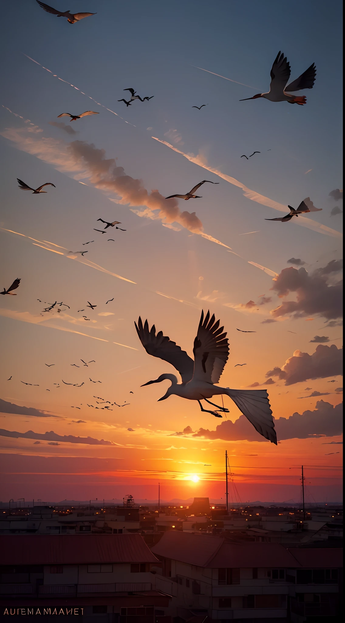 There are many birds flying in the sky at dusk, sunset illustration, Two cranes flying in the sun, Solar sunset, evening glow, Sunset, sunrises, red sun in the background, Red sunset, Birds flying far away, Fly through the sunset, Birds flying far away, Sunset in the background, sunrises, it is sunset, Birds flying far away