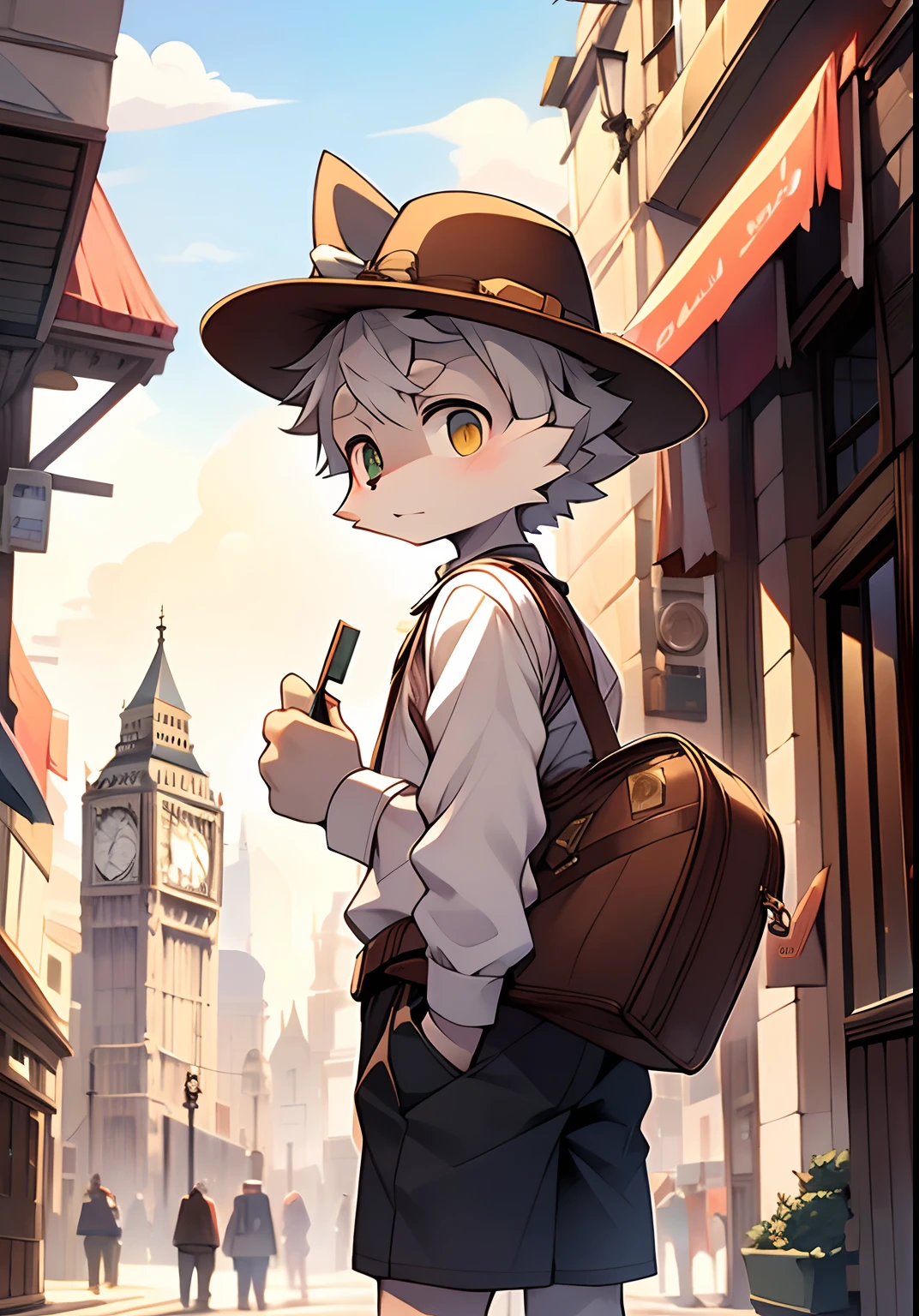The streets of London at the beginning of the twentieth century,Cute little wolf,Libido boy,Slim figure,pale gray fur,Bright morning sun,Brown newsboy hat,white short blouse,brown shorts,Sell moe,Bright and smart eyes(A masterpiece)(high qulity)(Clear structure)(Clear lines)(Background of extreme detail)(extremelydetailedcharacter)