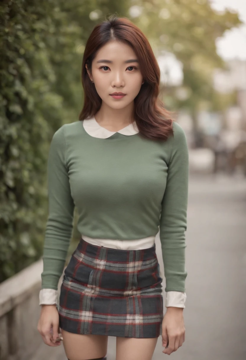Full body of Japan woman wearing plaid mini skirt