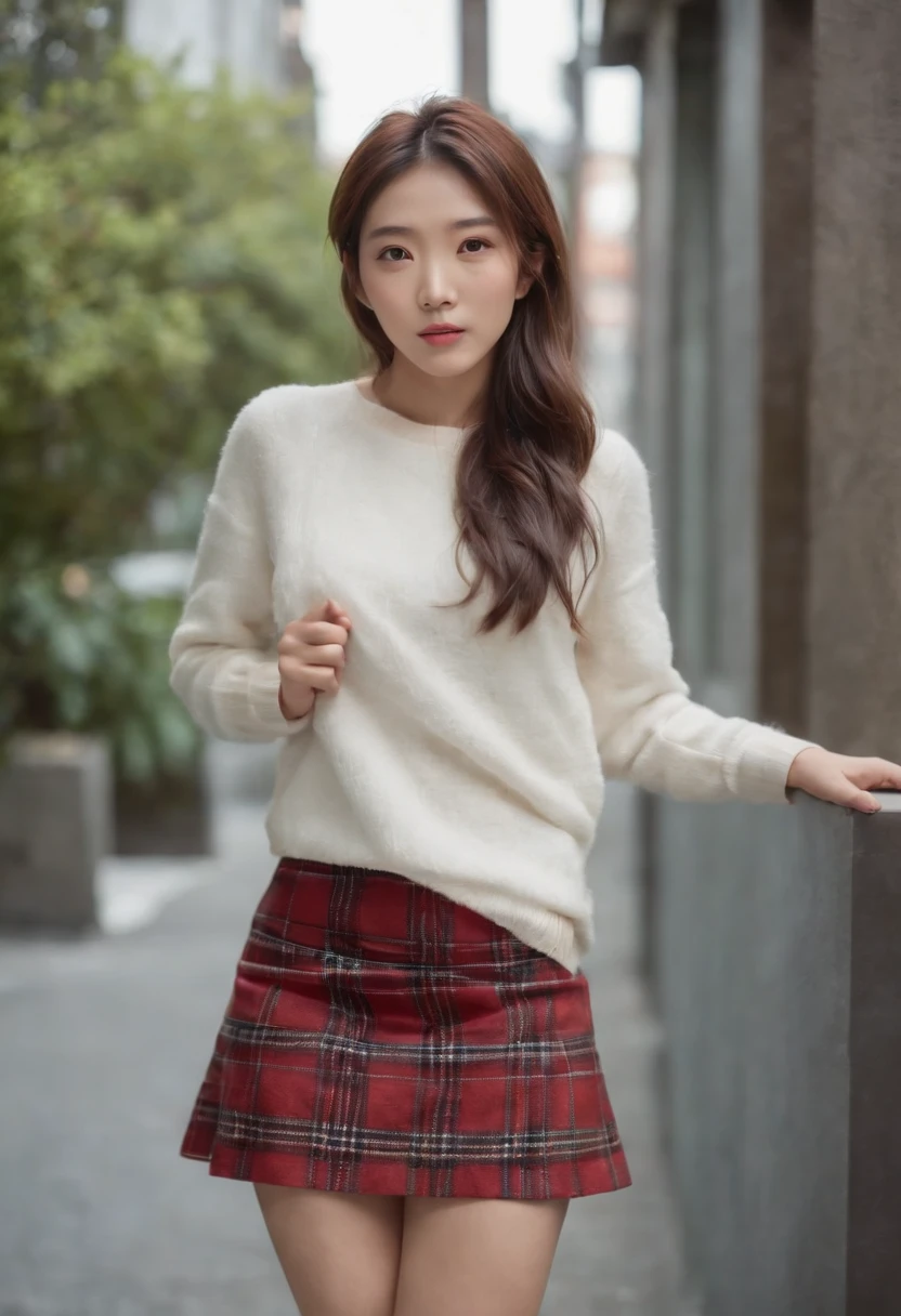 Full body of Japan woman wearing plaid mini skirt