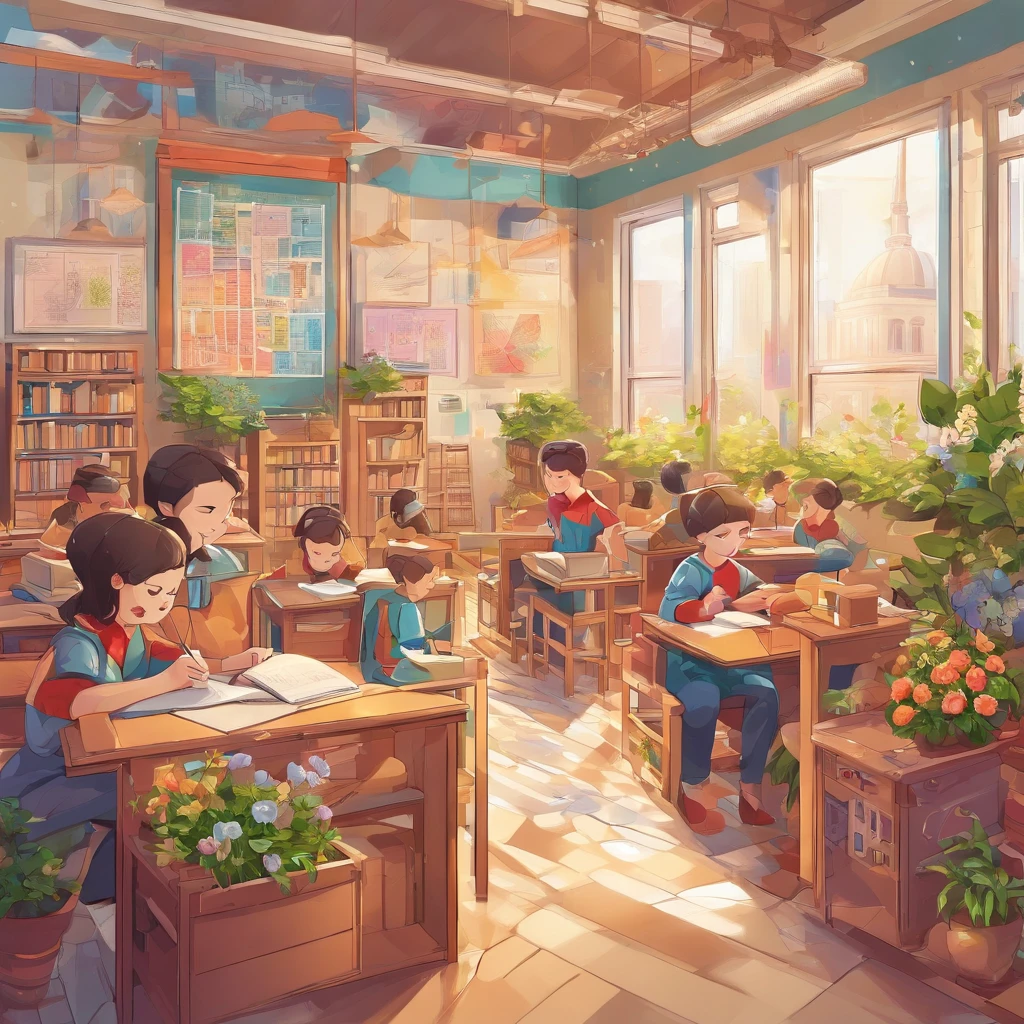 Quality first,masterpiece in detail,A teacher,Several students,Write and read,in class room,fresh flowers,Rich in color