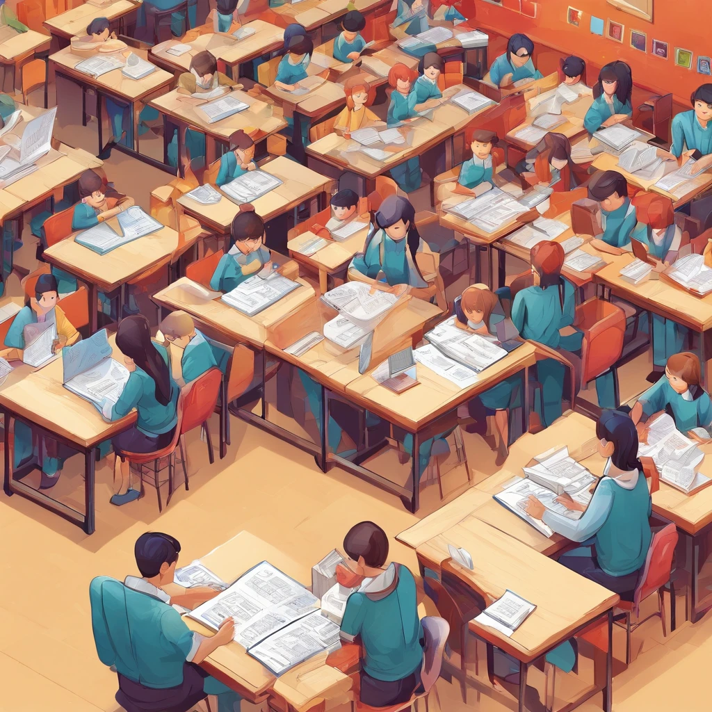 Quality first,masterpiece in detail,A teacher,Several students,Write and read,in class room,fresh flowers,Rich in color