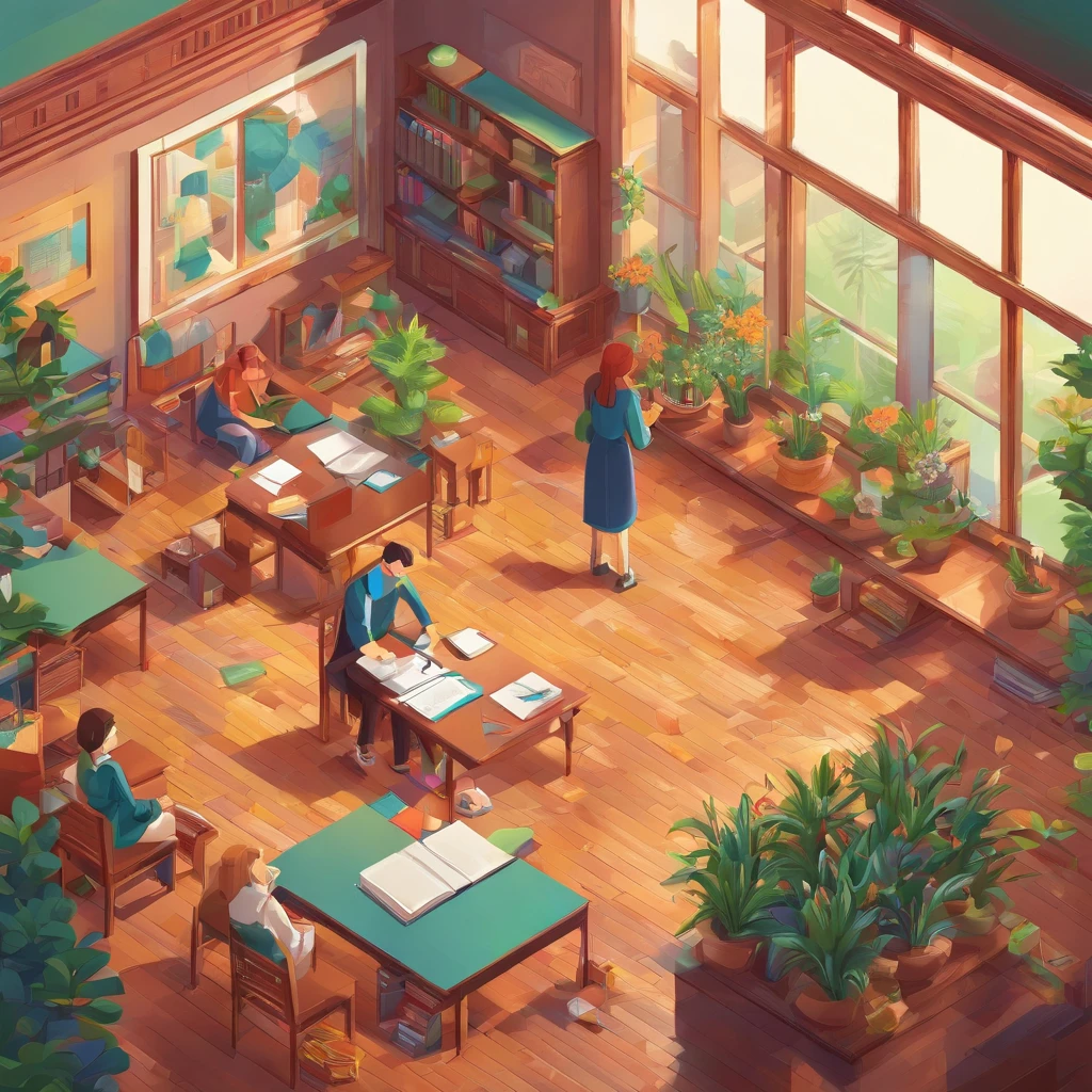 Quality first,masterpiece in detail,A teacher,Several students,Write and read,in class room,fresh flowers,Rich in color