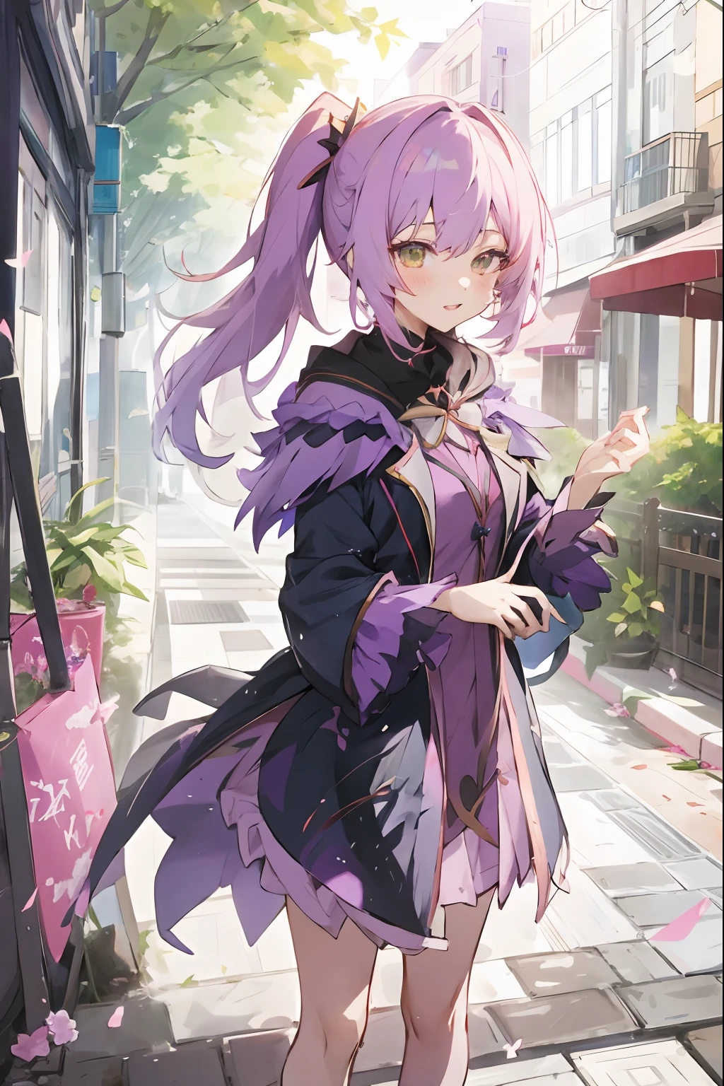 anime girl in a purple dress standing on a sidewalk, anime visual of a cute girl, hajime yatate, anime moe artstyle, best anime 4k konachan wallpaper, young anime girl, ayaka genshin impact, cute anime waifu in a nice dress, high quality anime artstyle, detailed anime character art, female anime character, anime character