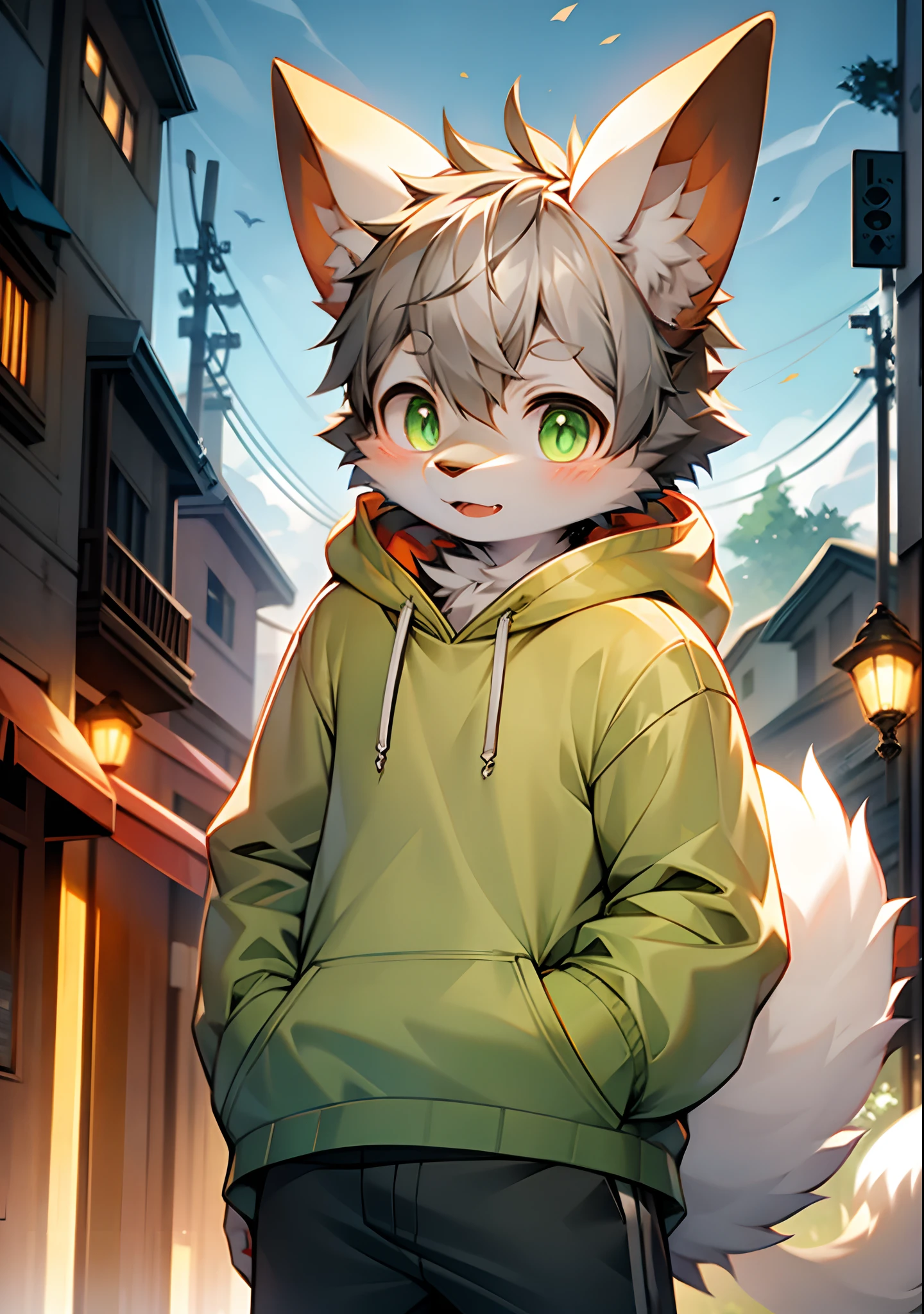 （catss，Gray hair and green pupils，Yellow and white coat color，adolable，vivaciousness，Libido boy，underage,Wear a sweatshirt with a pink pattern，lively and lovely，shorter pants, Wind element，shaggy），Digital artwork with cinematic lighting.A boy，Monosomy anthropology,Furry,feral,(Digital media \(artwork of a\):1.2),(hi，It's nothing,absurd res:1.2),Perfect anatomy,Anatomically correct,Detailed,Detailed face,Detailed eyes,(